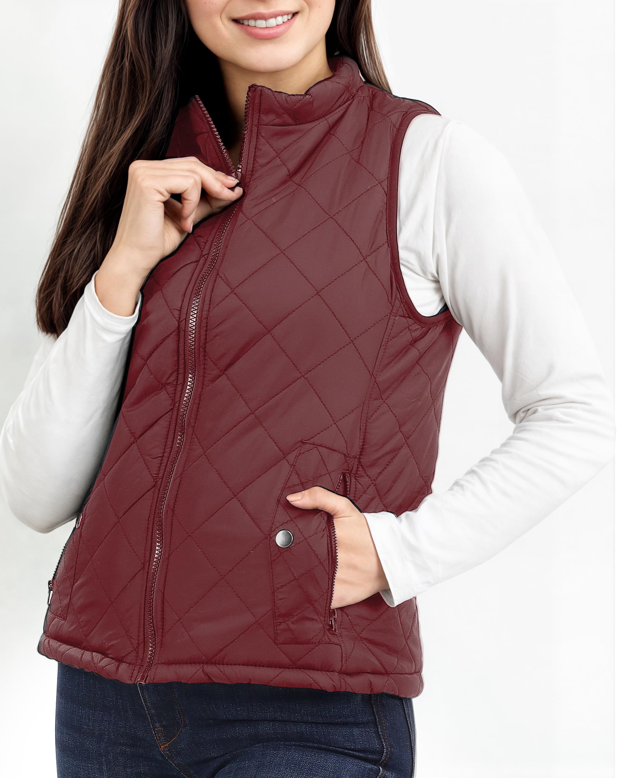 NY Threads Chaleco acolchado para mujer, ajustado, ligero, cuello alto, acolchado, con cremallera