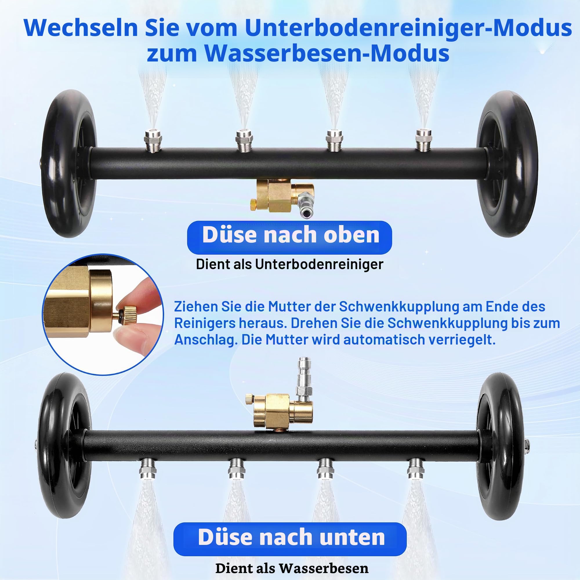 Tool Daily Unterwagen Hochdruckreiniger Aufsatz 16 Zoll, Doppelfunktion Unterbaureiniger für Hochdruckreiniger und Gartenschlauch, unter Autowaschwasserbesen mit 3 Stück Verlängerungsstab, 4000 PSI