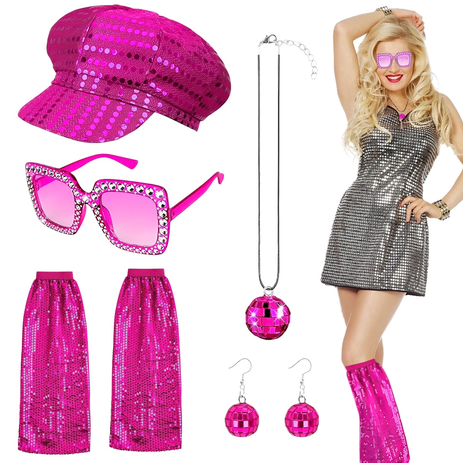5Pcs 1970s Disco Accessories Set for Women, Blue Abba Fancy Dress Costume Accessories with Sequin Hat Leg Warmers Bling Sunglasses Earrings Necklace for Adults Retro 70 Theme Party Dance (Rose Red) — image 1