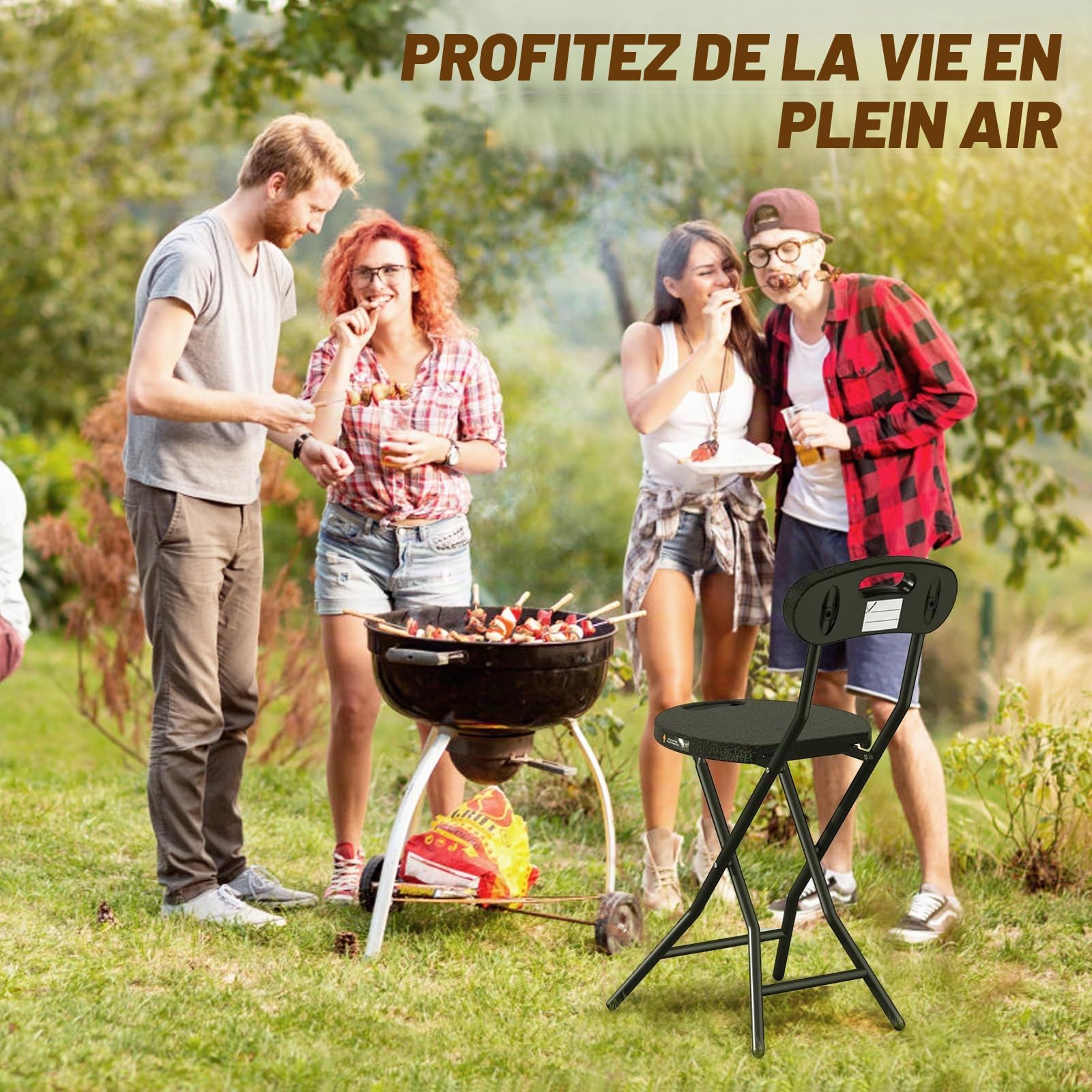 TVON Tabouret Pliant avec Dossier Portable pour Jardin, Camping, Pêche, BBQ et Bureau - Charge Maximale 204kg