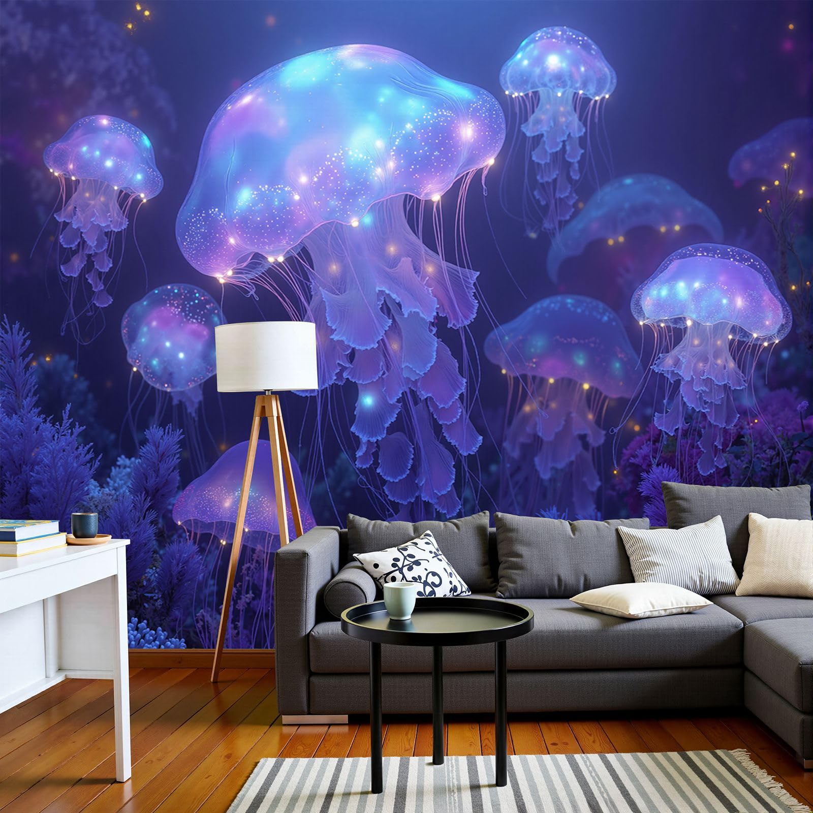 Papier peint soie méduses bioluminescentes pour une ambiance sereine