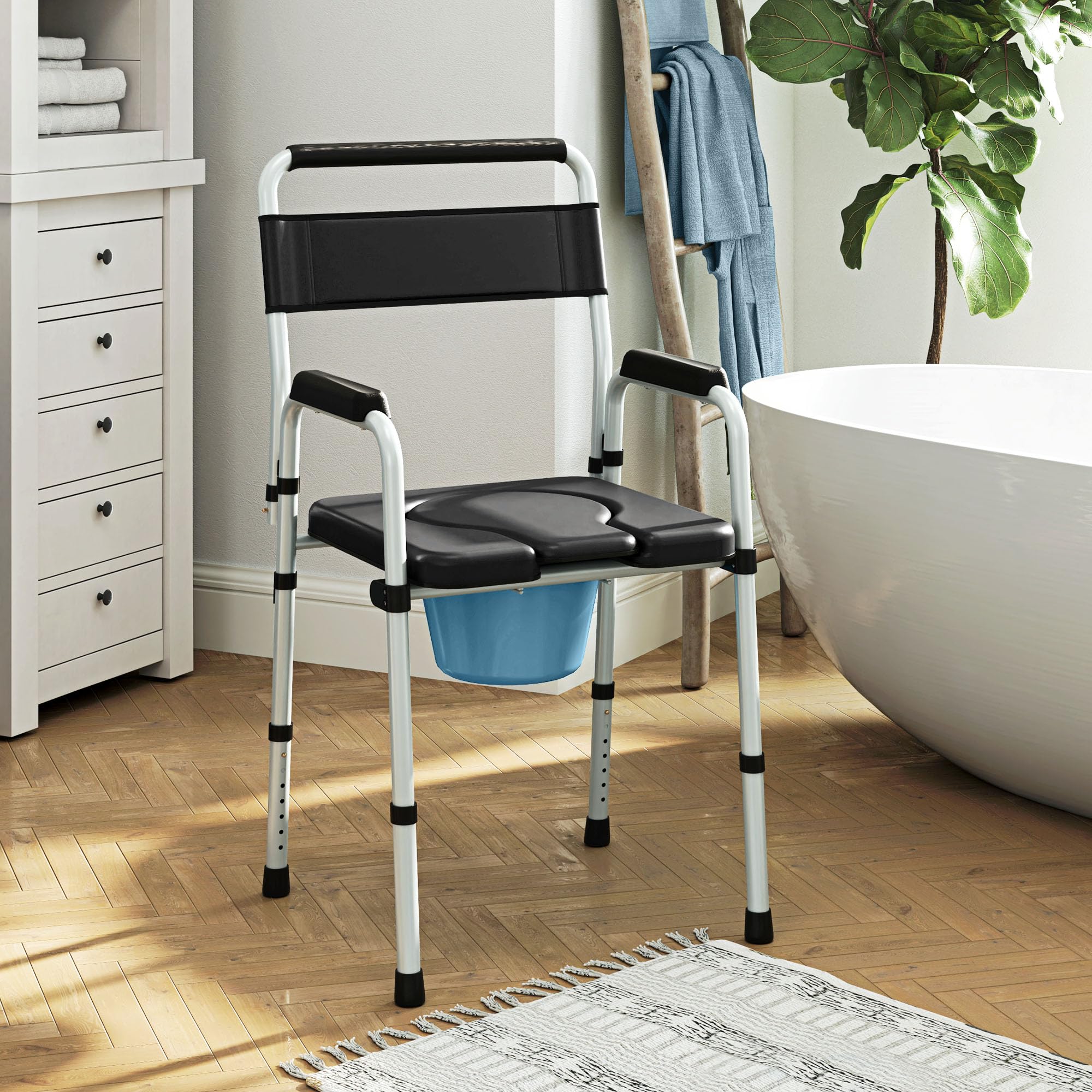 HOMCOM Sedia WC per Anziani Regolabile in Altezza su 7 Livelli 81.5-97cm con Secchio Rimovibile, Sedia Comoda WC Pieghevole con Braccioli e Schienale in Acciaio e Pelle PU, Capacità Peso 150 kg, Nero