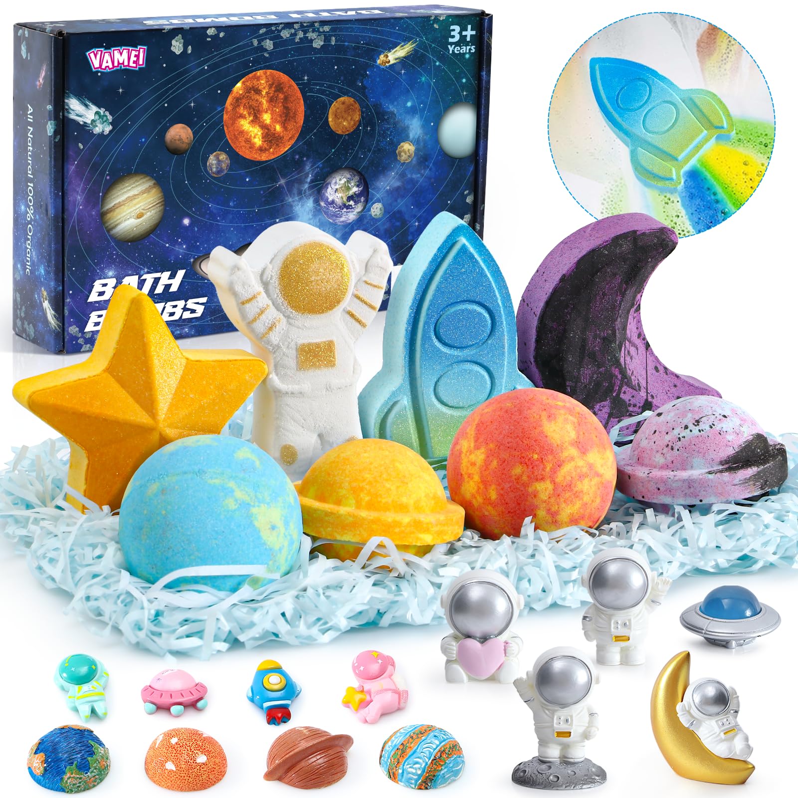 vamei Bombas de Baño con Juguete Sorpresa Bomba de Baño Arco Iris Juguete Espacial, Set de Regalo de Bombas de Baño con Sales de Baño y Aceites Esenciales, Hecho a Mano Apto Regalo de para Niños Niñas