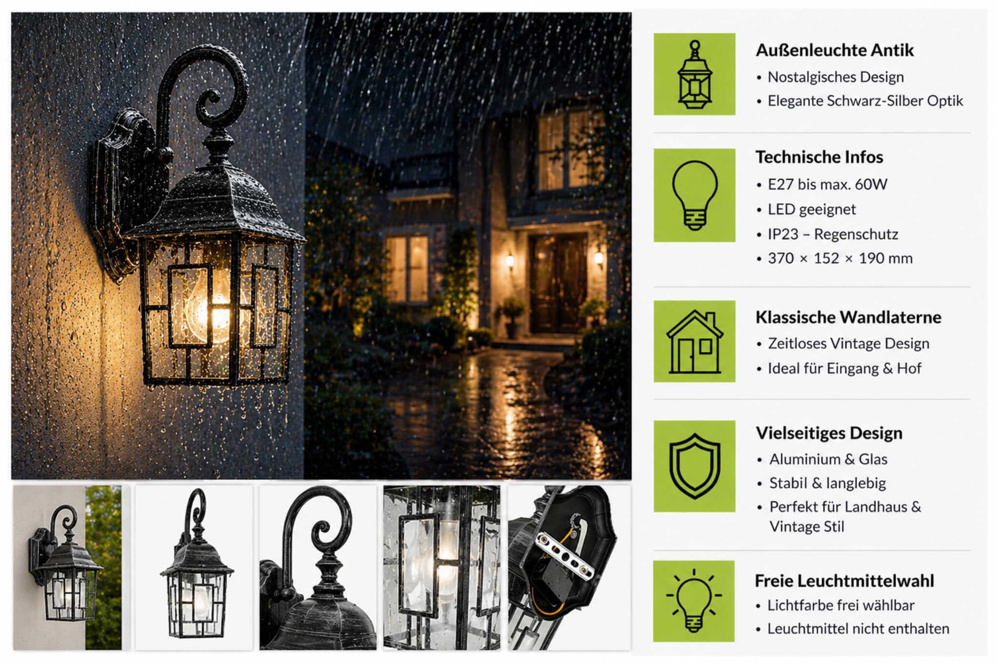 Licht-Erlebnisse Rustikale Außenleuchte Laterne in Silber Antik H: 37 cm Aluminium Glas E27 Garten Wandlampe Eingang Beleuchtung Außen Hofleuchte Wand