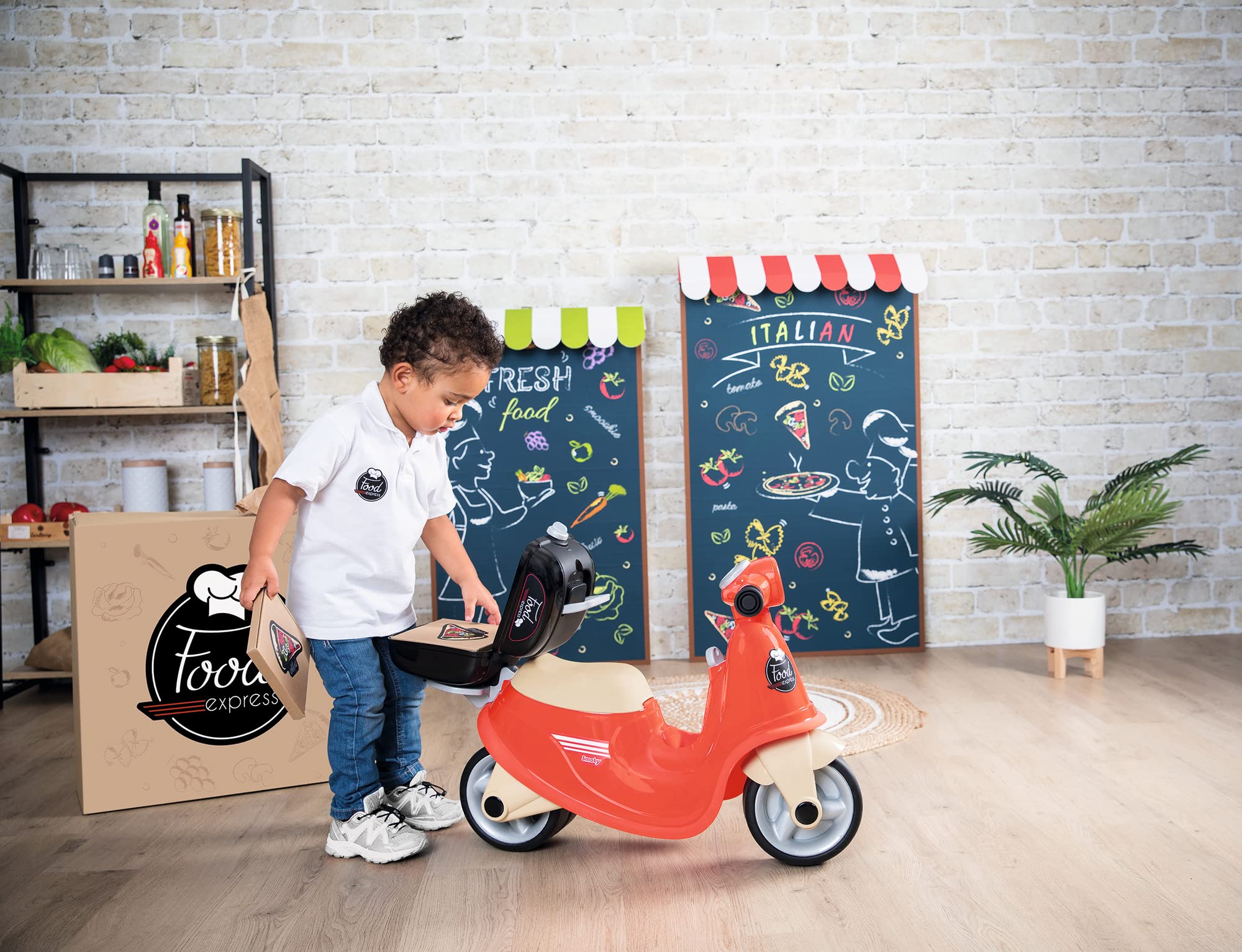 Smoby - Porteur Scooter Food Express - Rouge - Roues Silencieuses - Porte-Bagage - Mallette Amovible - Coffre à Jouets, Phare, Clé Mécanique - Dès 18 Mois