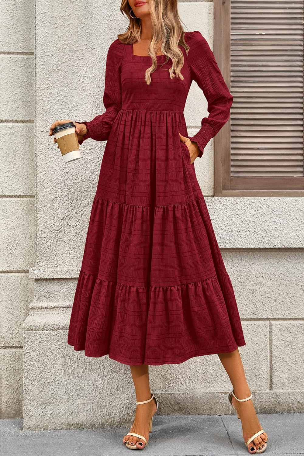 CFLONGE Women's Fall Dresses 2025 Puff Long Sleeve Square Neck Dress High Waist Smocked A-Line Flowy Wedding Party Maxi Dress - Image 2