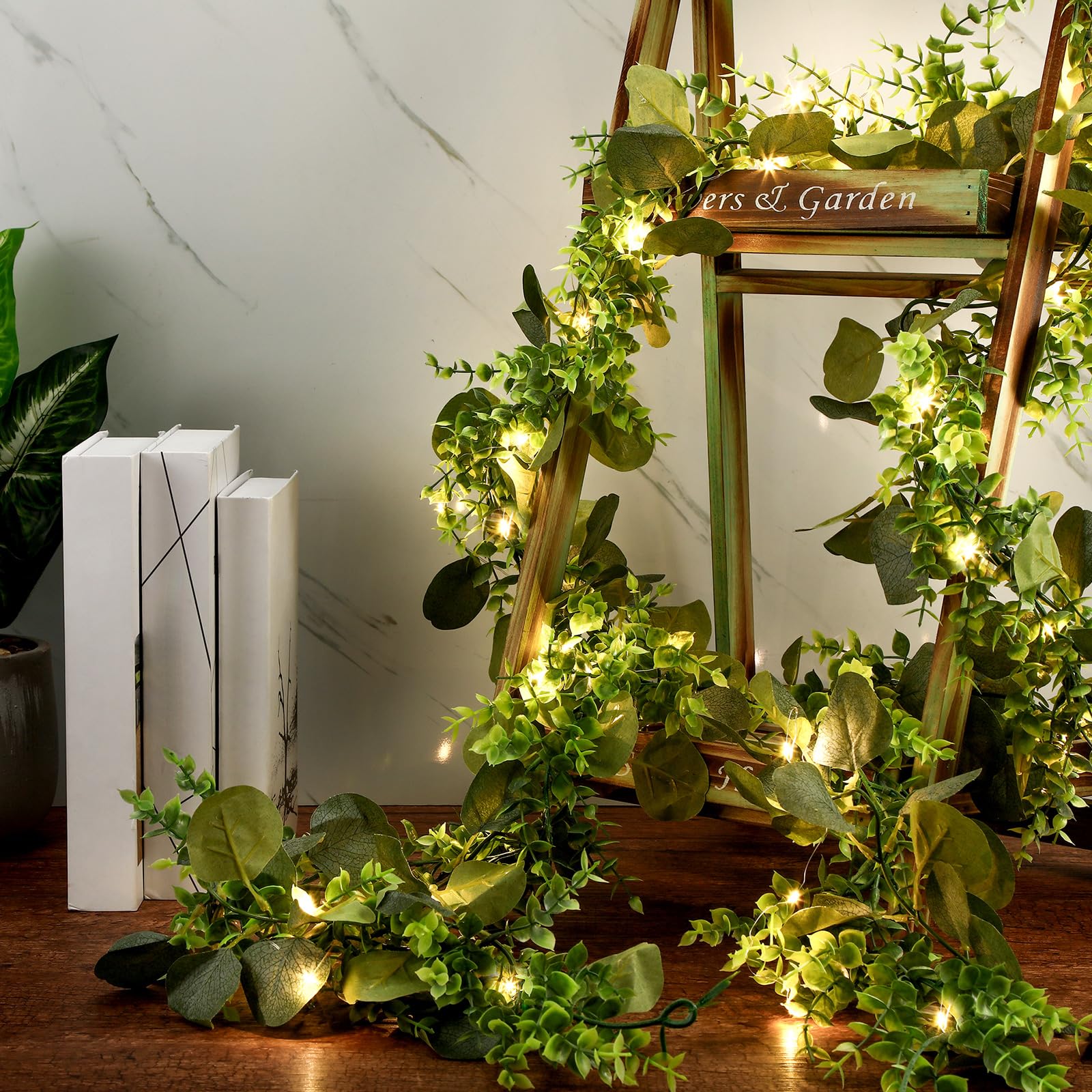 FEQO 人工ユーカリガーランド 6個 フェイクユーカリストランド 6フィート ユーカリの葉 グリーンガーランド ウェディングパーティー ディナーホーム用 グリ