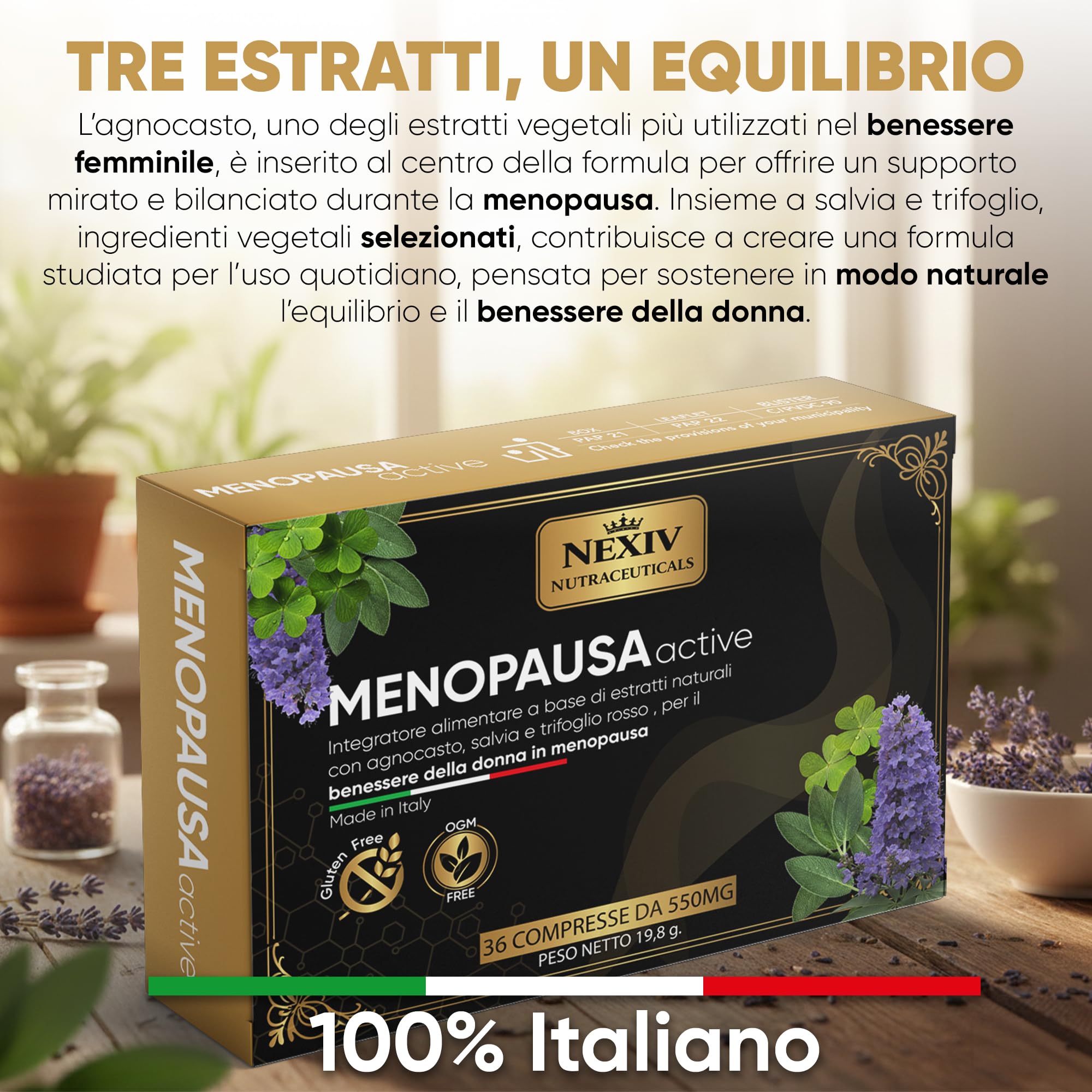 Integratore Menopausa per il Benessere Femminile con Agnocasto, Trifoglio Rosso e Salvia, Gluten Free | 36 Compresse | Estratti Vegetali