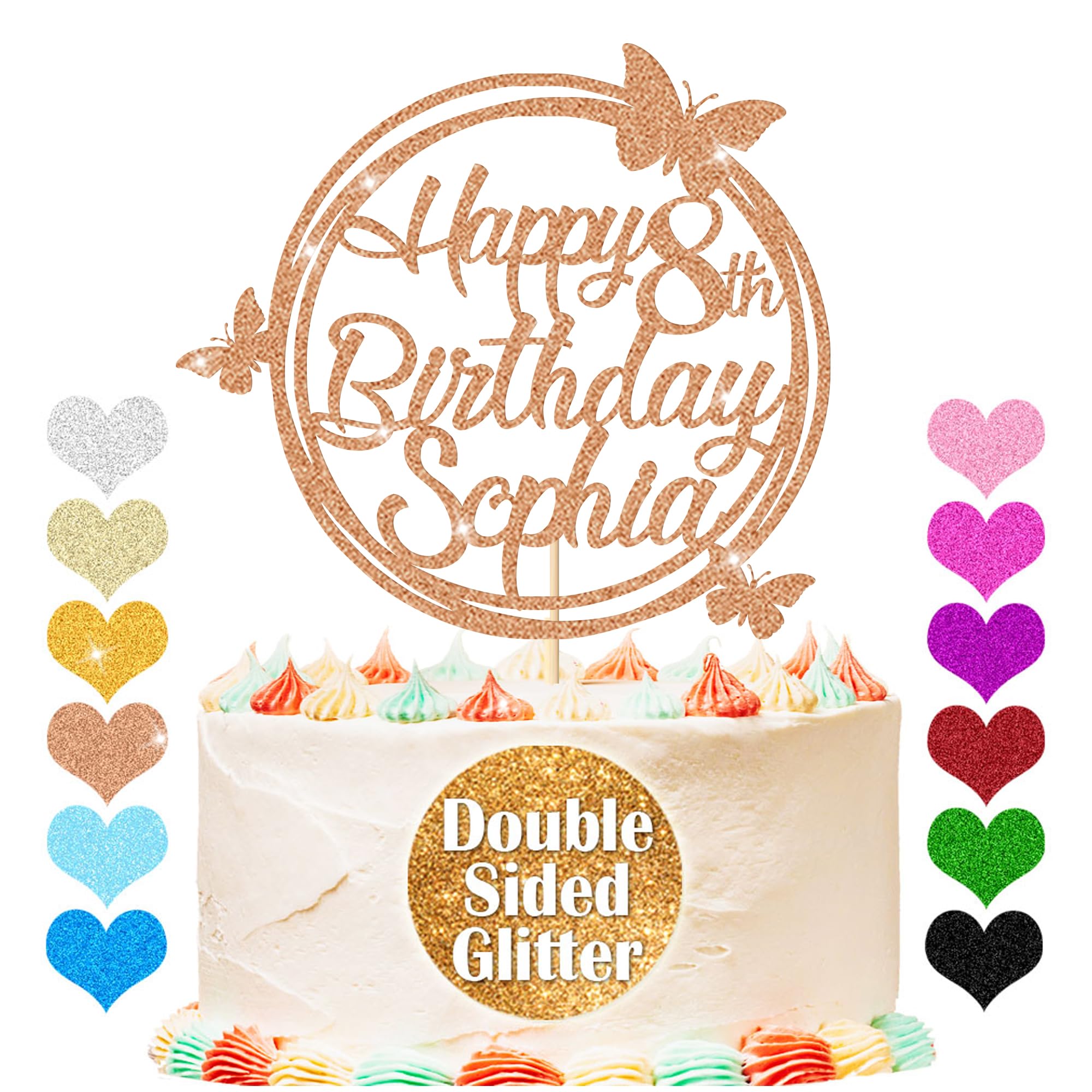 Personalised Happy Birthday Glitter Cake Topper, Custom Cake Topper Any Name & Age, Round Butterfly Cake Toppers, Birthday Party Cake Decorations for 18th 30th 40th 50th 60th 70th (Rose Gold)