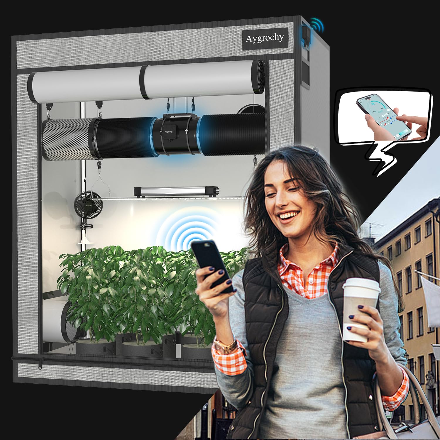 Aygrochy 200 mm Wifi App Extractor de aire con programación de temperatura y humedad, extractor para Baño, Sótano, Garaje, Cocina, Tente de Culture Hydroponique