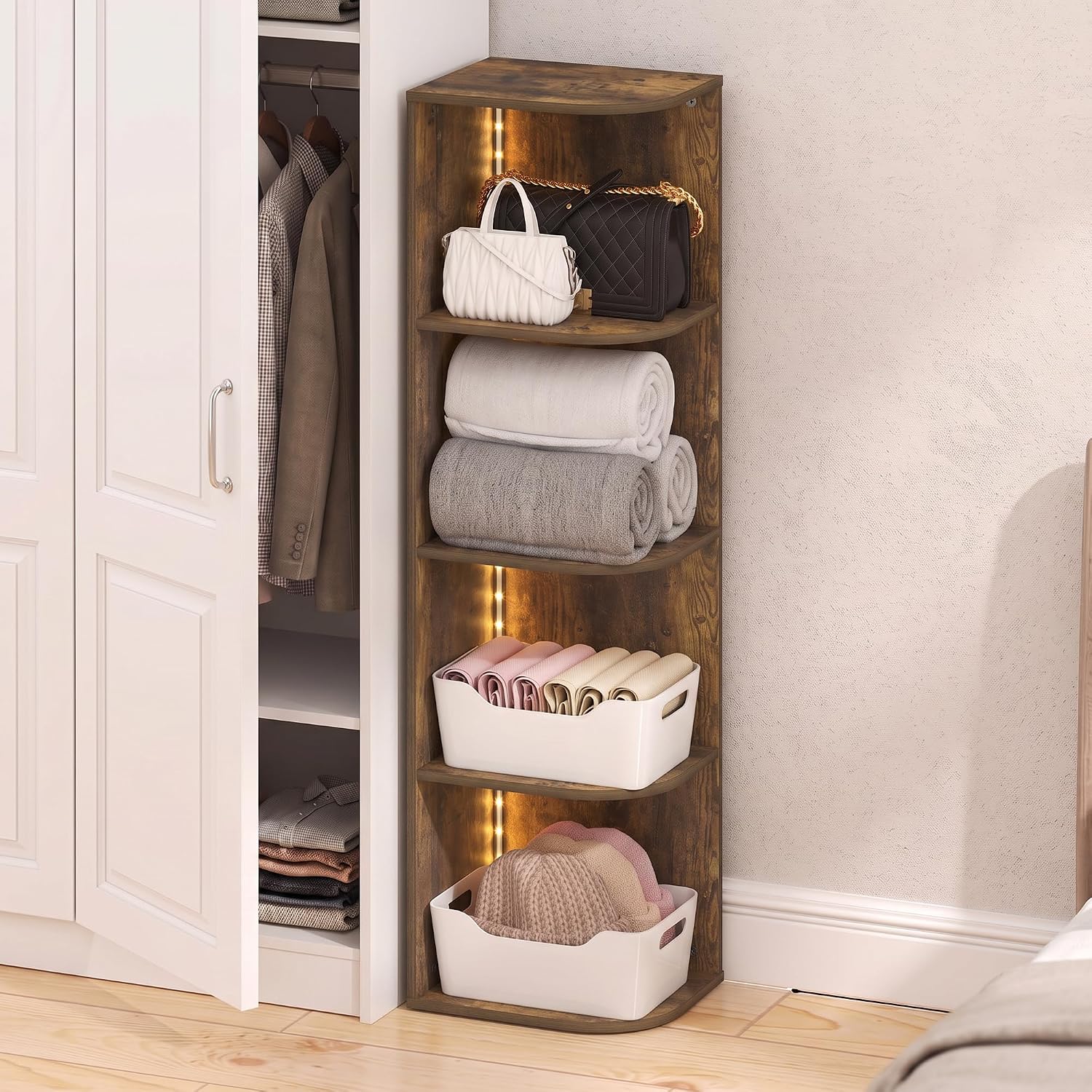 Closet Organizer with LED Lights, 4-Tier LED Closet Organizers and Storage, Open Corner Shelf Closet Storage, 9.3 x 12 x 41.4, for Wardrobe, Closet, Bedroom, Entryway, Amber Pine