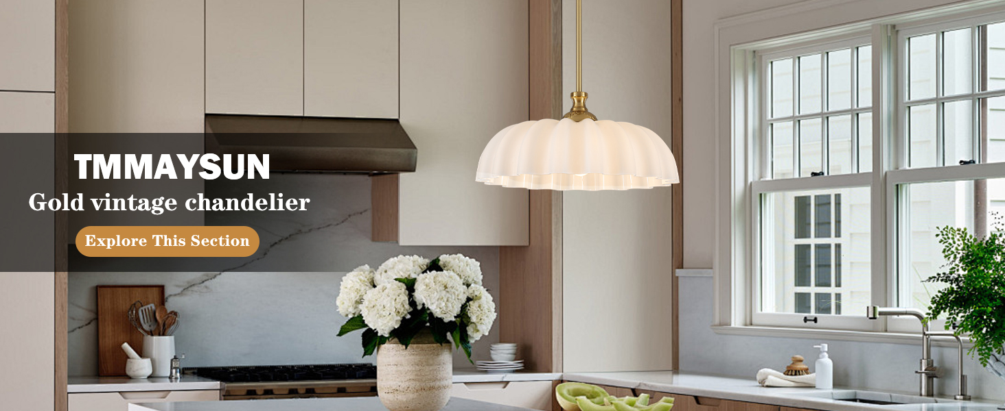 Image of 15.7 inch Vintage Flower Gold Chandelier - Adjustable Height White Milk Glass Shades Pendant Light Fixture for Kitchen Island, Dining Room, Bedroom