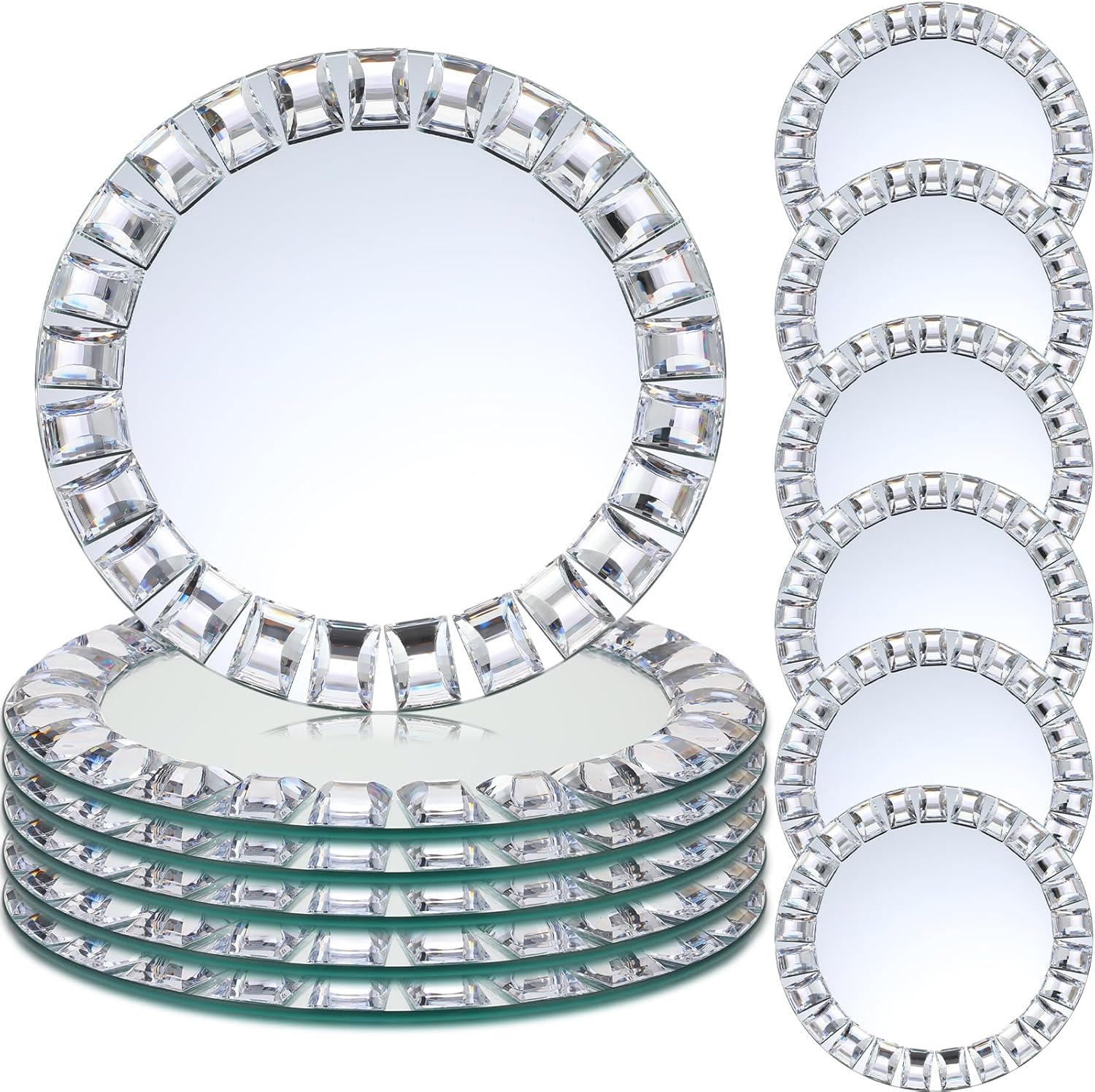 Suclain 12 Pcs Mirrored Glass Charger Plates 13 Inch Silver Mirror Plates Round Chargers for Dinner with Diamond Rim Settings for Wedding Birthday Party Events