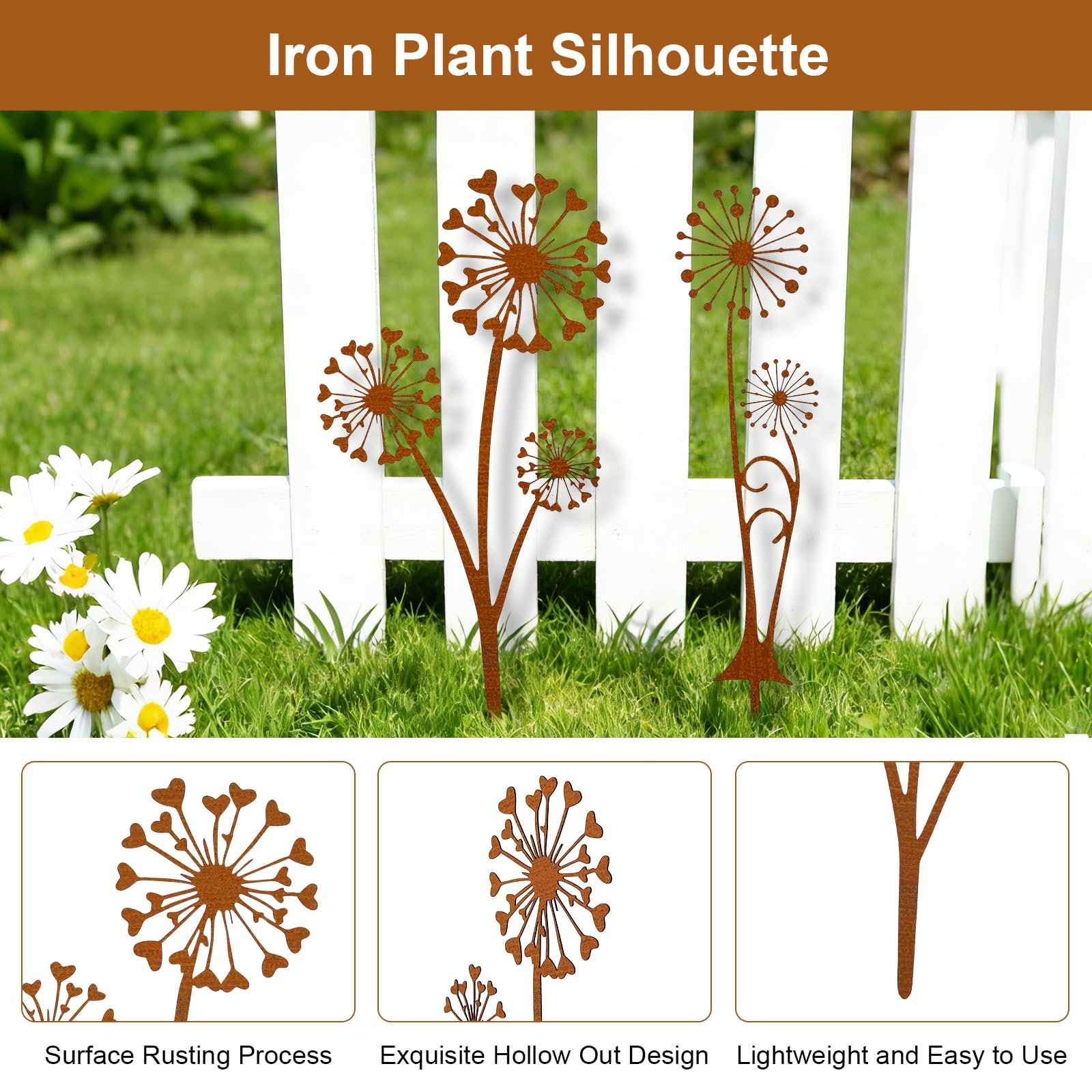 HFDONGL 2 Stück Gartenstecker Rost Deko Gartendeko Rost Pusteblume Metall Rostdeko Gartendeko für Garten Terrasse Balkon Blumentopf - 3