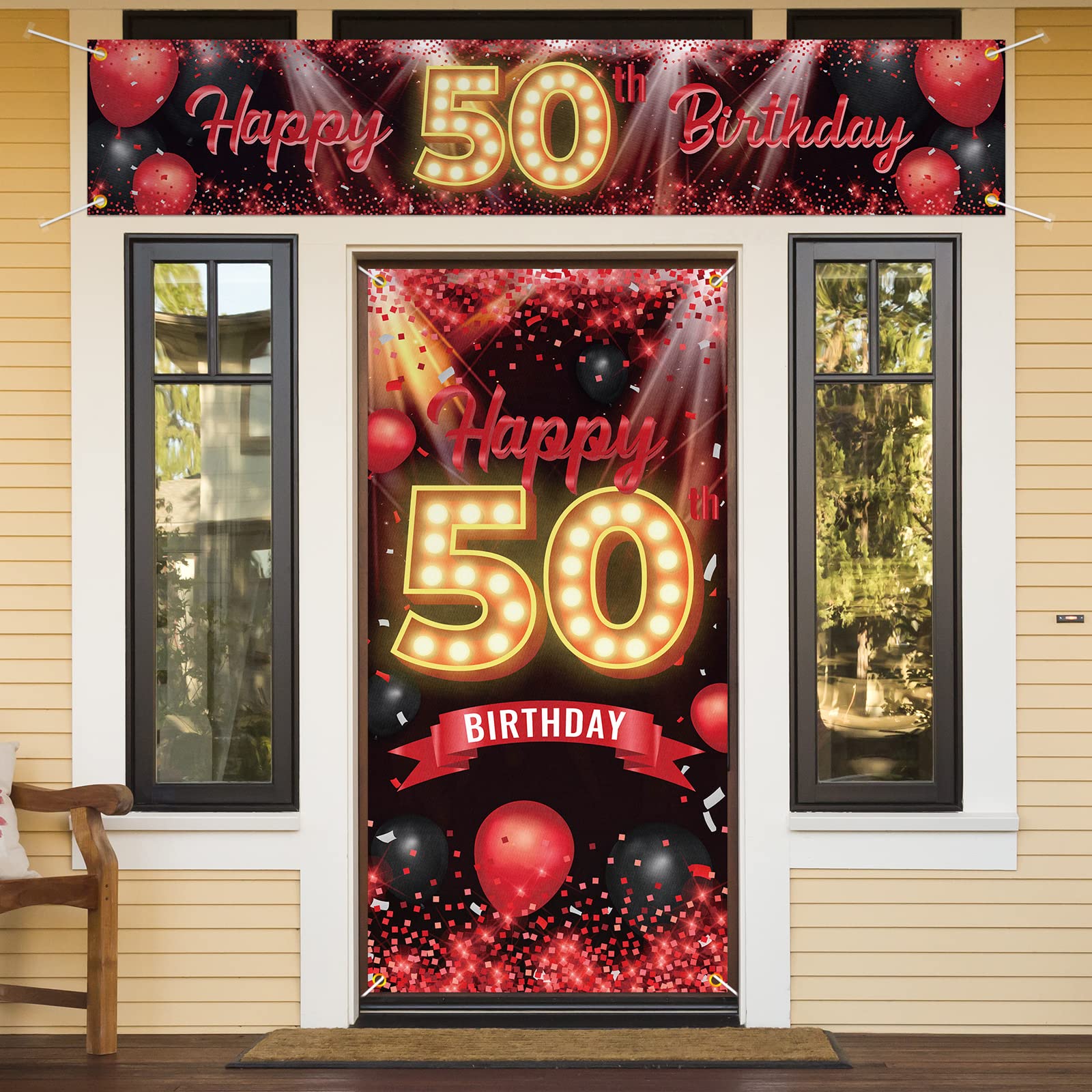 Happy 50th Birthday Door Cover Porch Banner Sign Set - 50 Years Old Birthday Decoraions Party Supplies for Women Men - Red