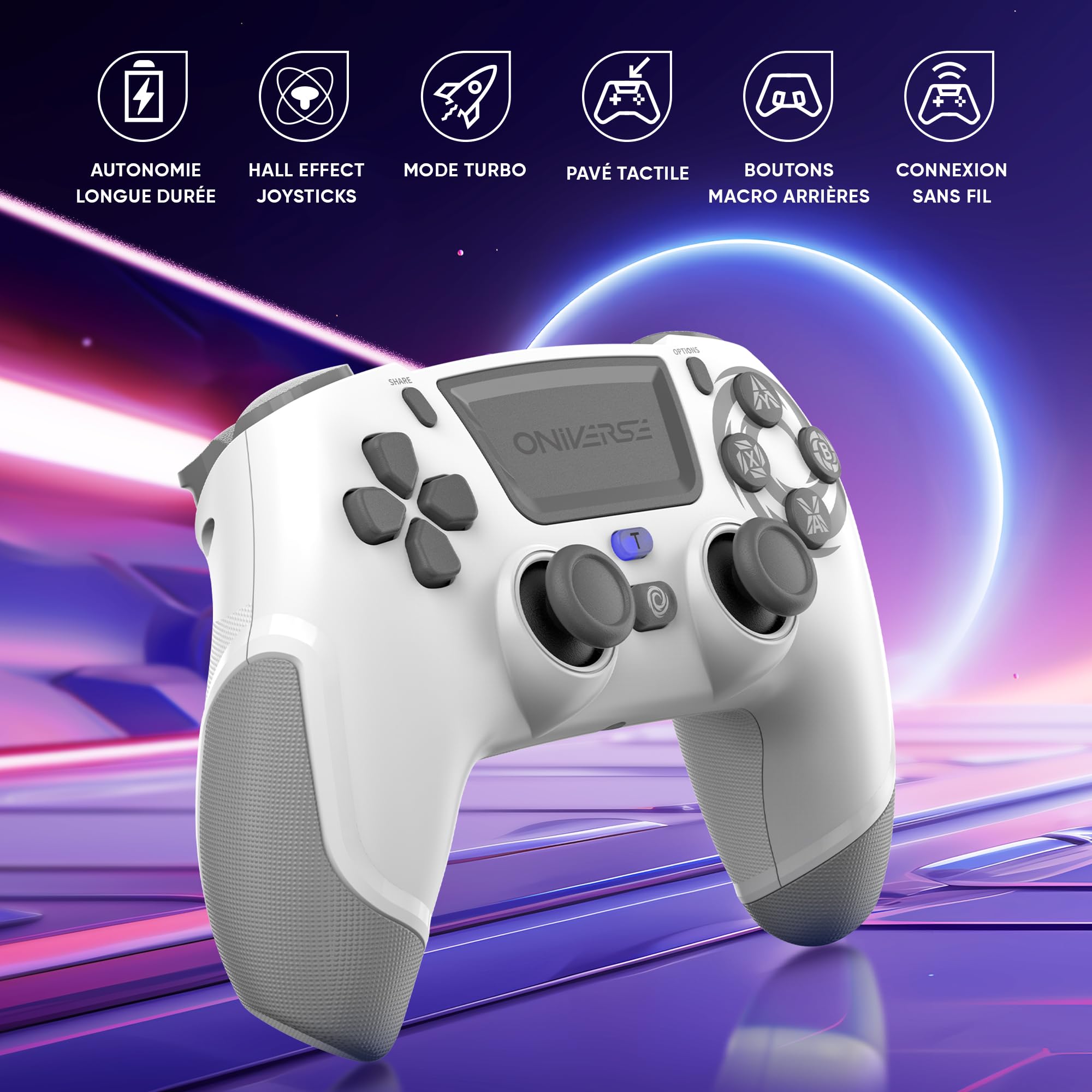 Manette sans fil pour PS4 PS3 PC ANDROID iOS, Sortie Casque, Joystick Hall Effect, Batterie Rechargeable 1000mAh, boutons macro, mode Turbo, Wake up, Gyroscope 6 axes, Revolt Moon White