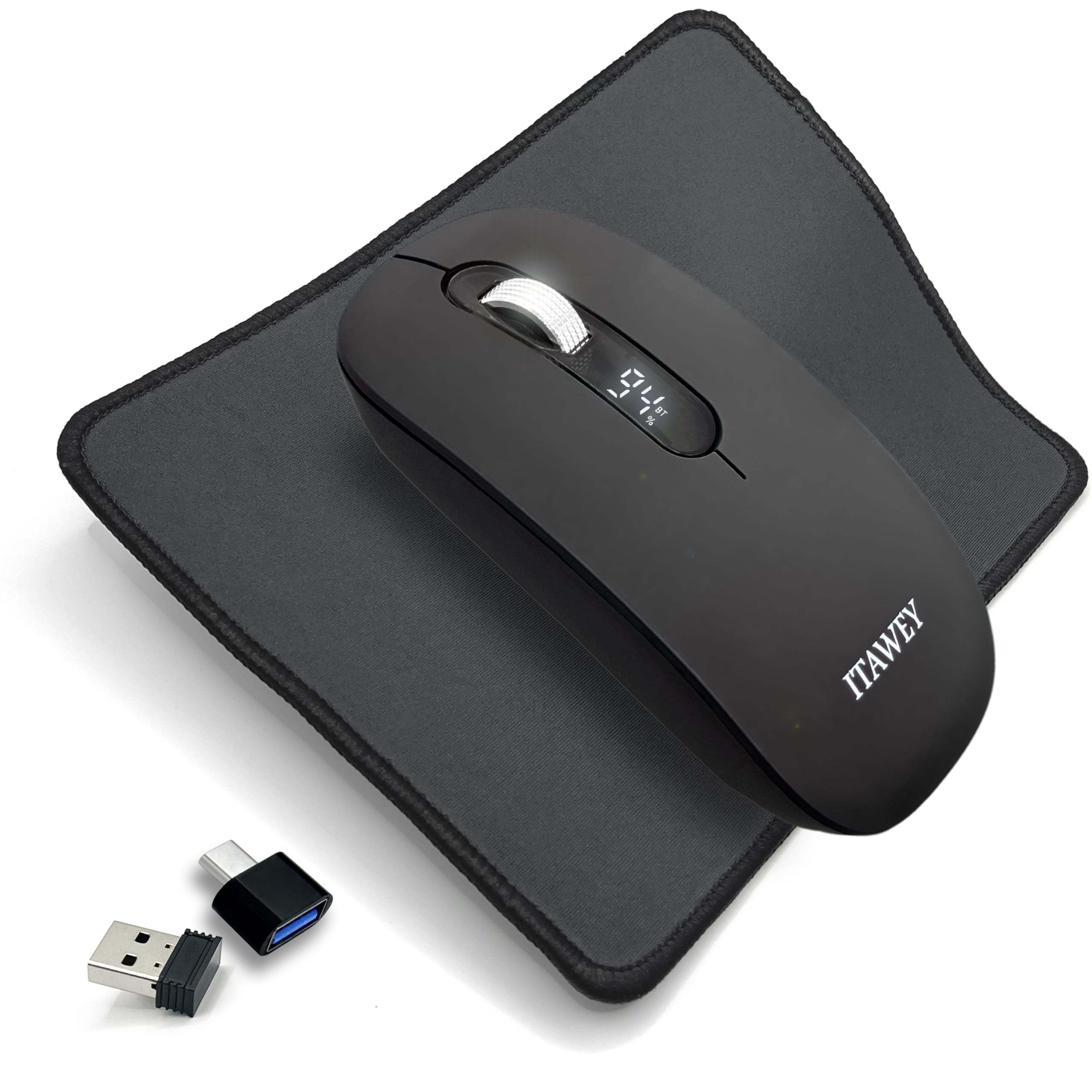 Combo de mouse y almohadilla inalámbricos, con pantalla LCD, triple modo (2 x Bluetooth y 1 x Nano USB), recargable, clics silenciosos, rueda de desplazamiento de acero de alta precisión, 3200