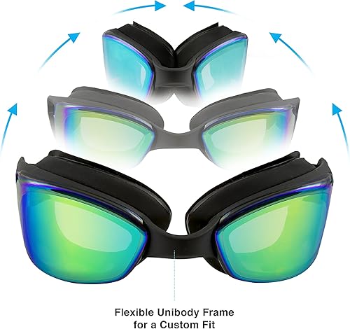 Miniatura 5 de Gafas de natación de silicona Stingray, correa ajustable, gafas con lentes espejadas, antivaho y tapones para la nariz y estuche de transporte,