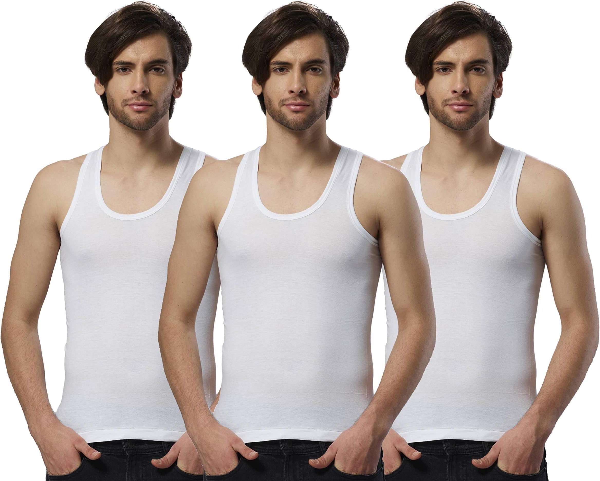 ESSACOOLD Men's Vest | 100% Cotton Fabric, Sleeveless, Square Neck, Retro Style | Slim Fit | Breathable and Comfortable Innerwear | Easy Tuck Design for All-Day Wear | Pack of 3