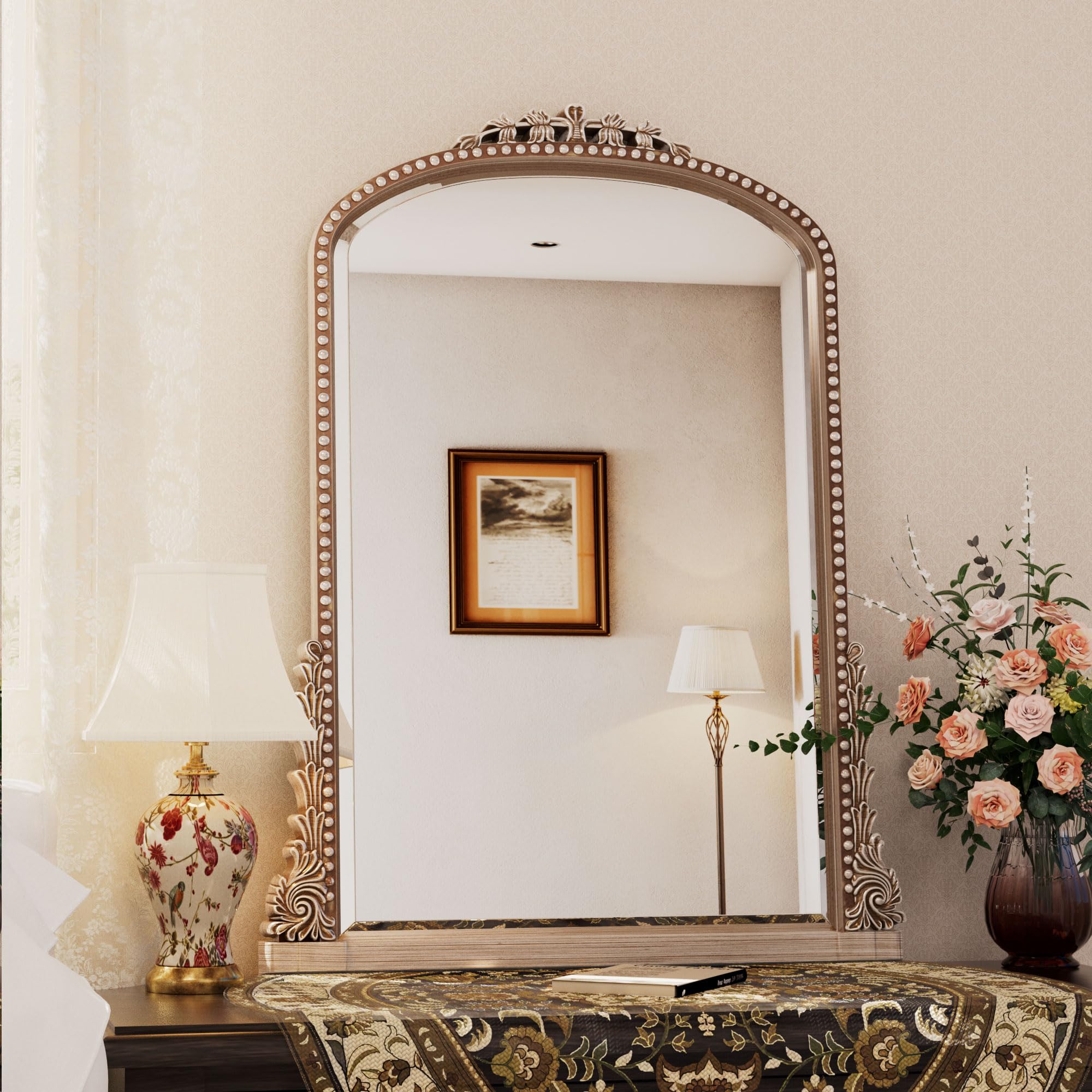 Wall Mirror, Vintage Carved Bathroom Mirror 22" x 32" Antique Metal Frame Wall Mirror for Bedroom, Living Room, Entryway, Fireplace, Hallway, Silver