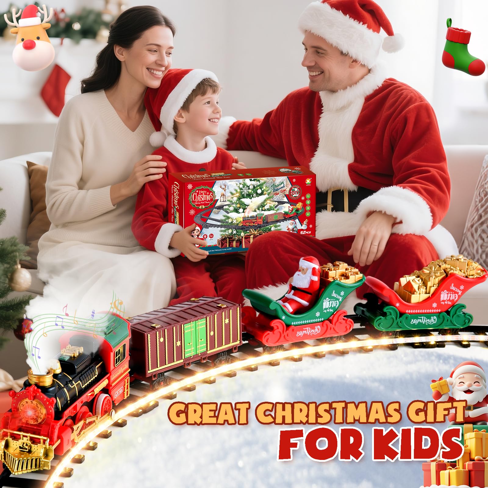 Tren Eléctrico de Navidad con Riel Luminoso - Tren Navideño para Árbol con Luces LED Cálidas, Spray y Sonido, Set Clásico de Trenes de Navidad para Niños 3 Años o Más - Regalo Mágico
