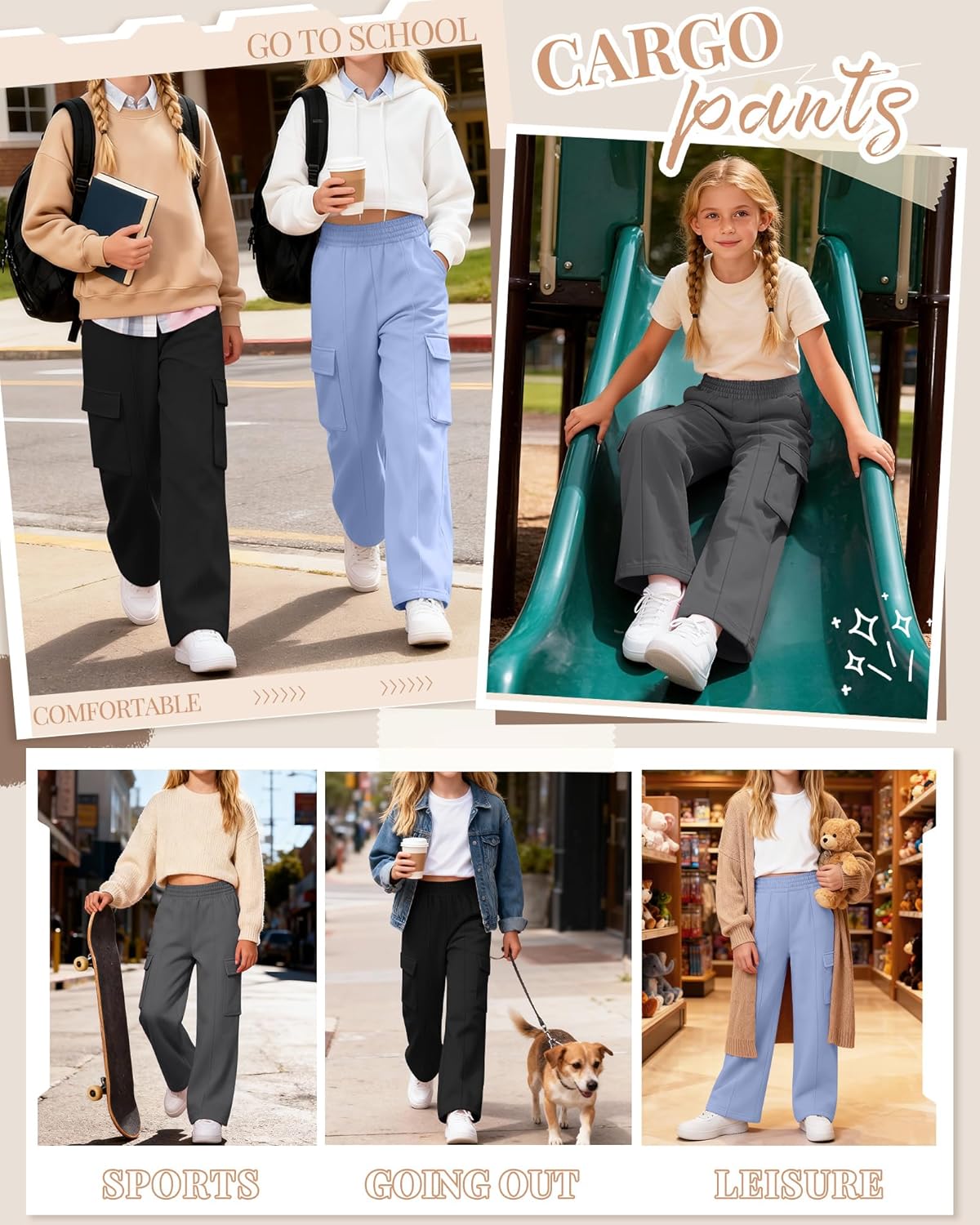 3 Pack Girls Wide Leg Sweatpants Cargo Pants High Waisted Baggy Causal Loose Kids Elastic Waistband Pants Joggers