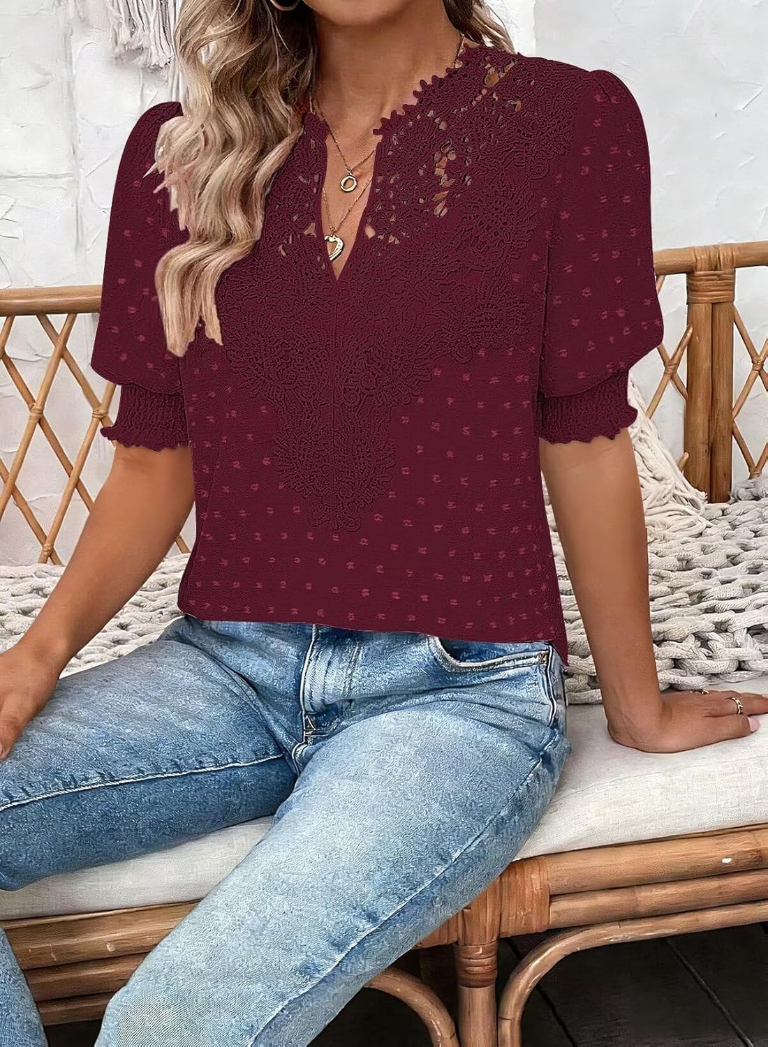 Womens Summer Tops Boho Short Sleeve Shirts V Neck Casual Chiffon Blouses Flowy Lace Hem Spring Clothing Trendy 2025 - Image 3