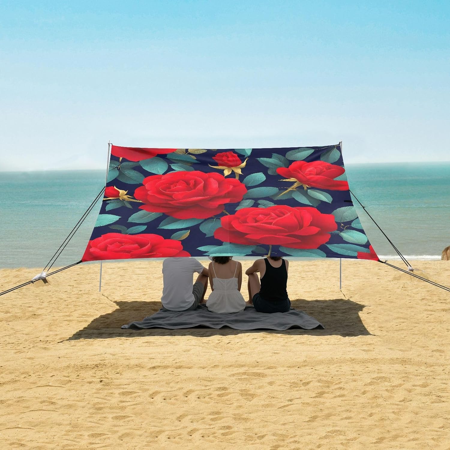 ALAZA Red Rose Flowers Beach Tent Sun Shelter UPF50+ Protection Beach Shade Canopy w/ 4 Sandbags for Outdoor Camping, Fishing, Backyard Fun, Picnic, 10x9 ft