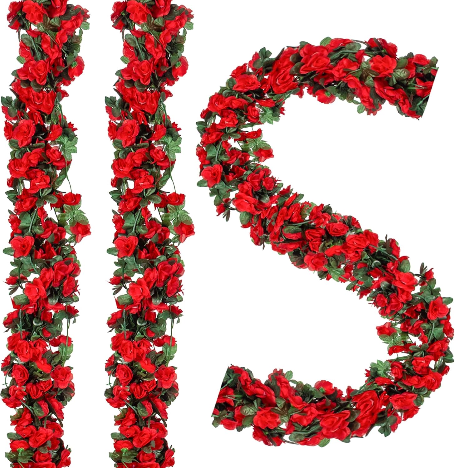 10 Pcs 82 FT Artificial Red Flower Garland, Fake Hanging Flower Vines Wine Red Rose with Green Leaves, Faux Silk Flower for Backdrop Decoration Tea Party Wedding Birthday Anniversary Bedroom