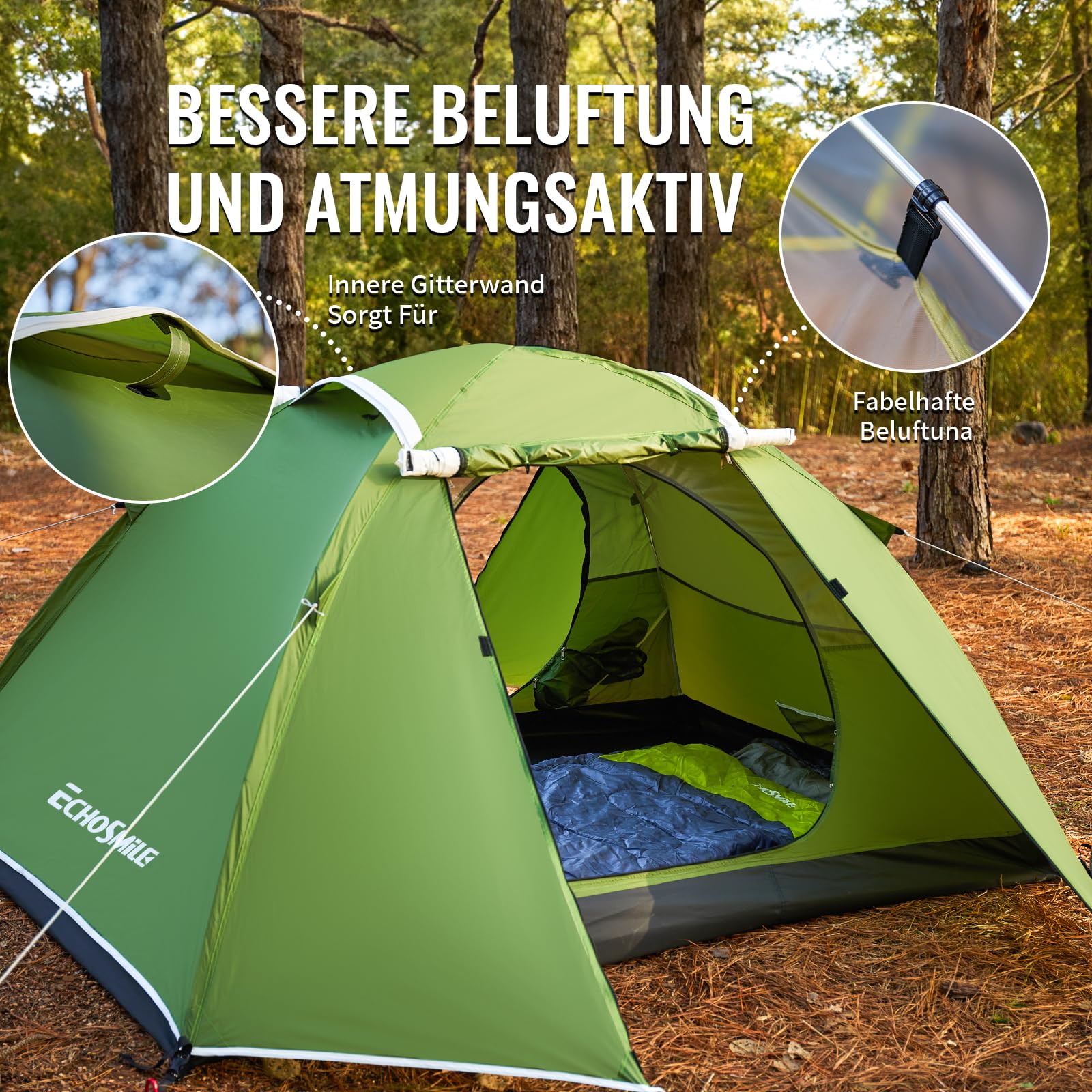 EchoSmile Zelt 2 Personen Wasserdichtes Kuppelzelt, Ultraleicht & Stabil Camping Tent, 3-4 Saison, Double-Layer Zelte mit Mesh-Türen, Tent für Trekking, Festival, Outdoor, Grün