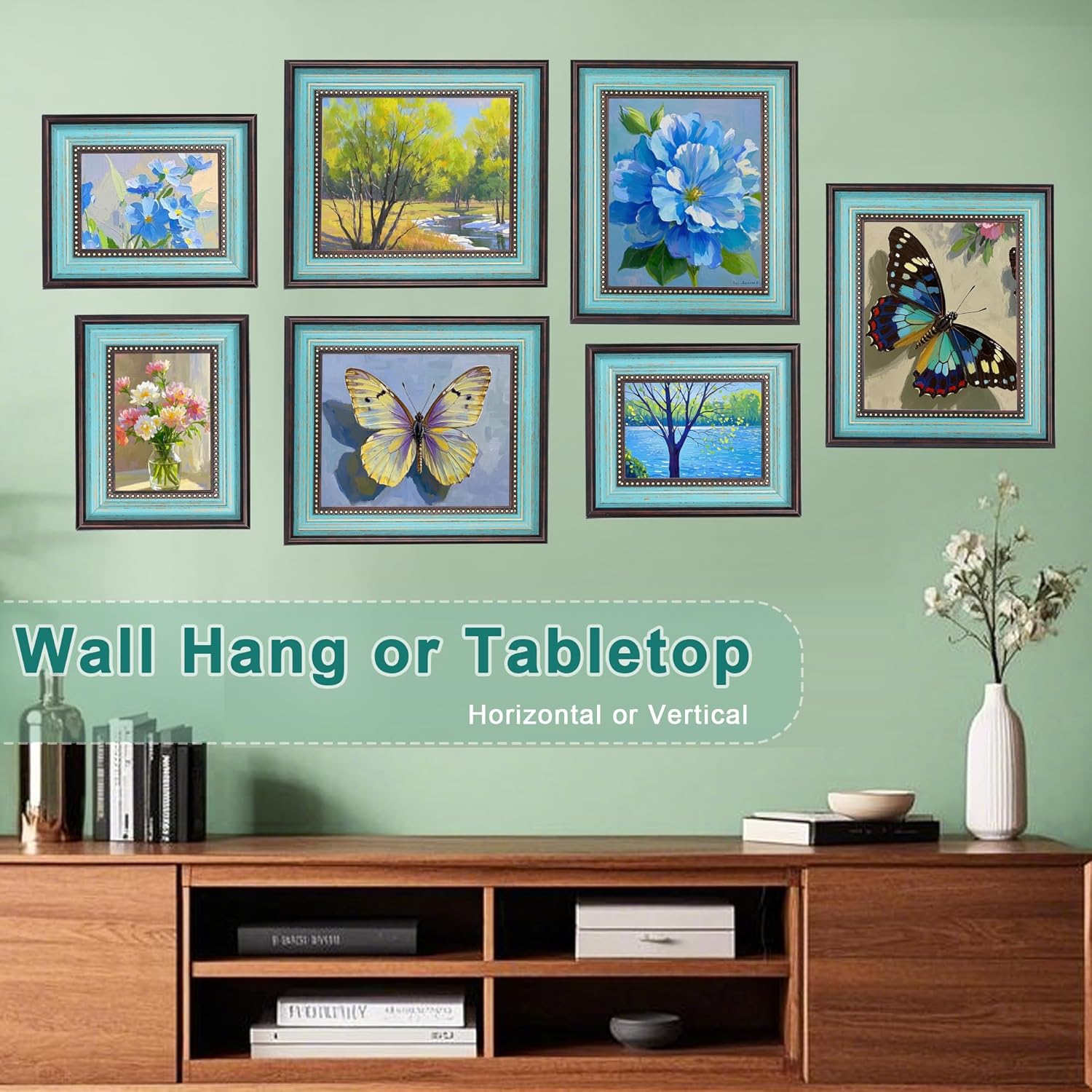 8x10 Picture Frame Vintage Distressed Blue Picture Frames with Gold Beads 8 by 10 Photo Frame for Retro Home Wall Desk Display Decor Family Mom Grandma Mothers Day Birthday Gifts
