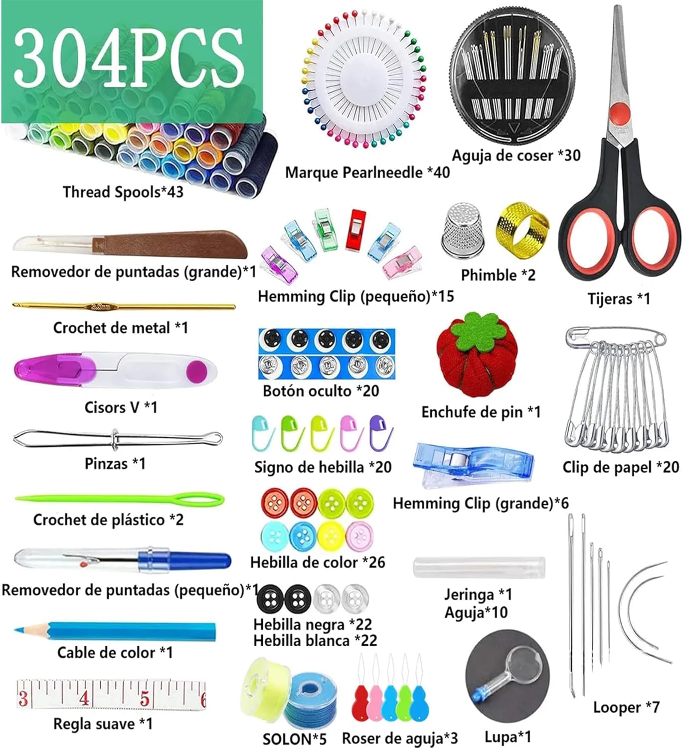 Kit de Costura Completo, 304 Peças, com Linhas Coloridas, Tesoura, Agulhas e Acessórios, Estojo Portátil Kit de Costura Completo, 304 Peças, com Linhas Coloridas, Tesoura, Agulhas e Acessórios, Estojo Portátil