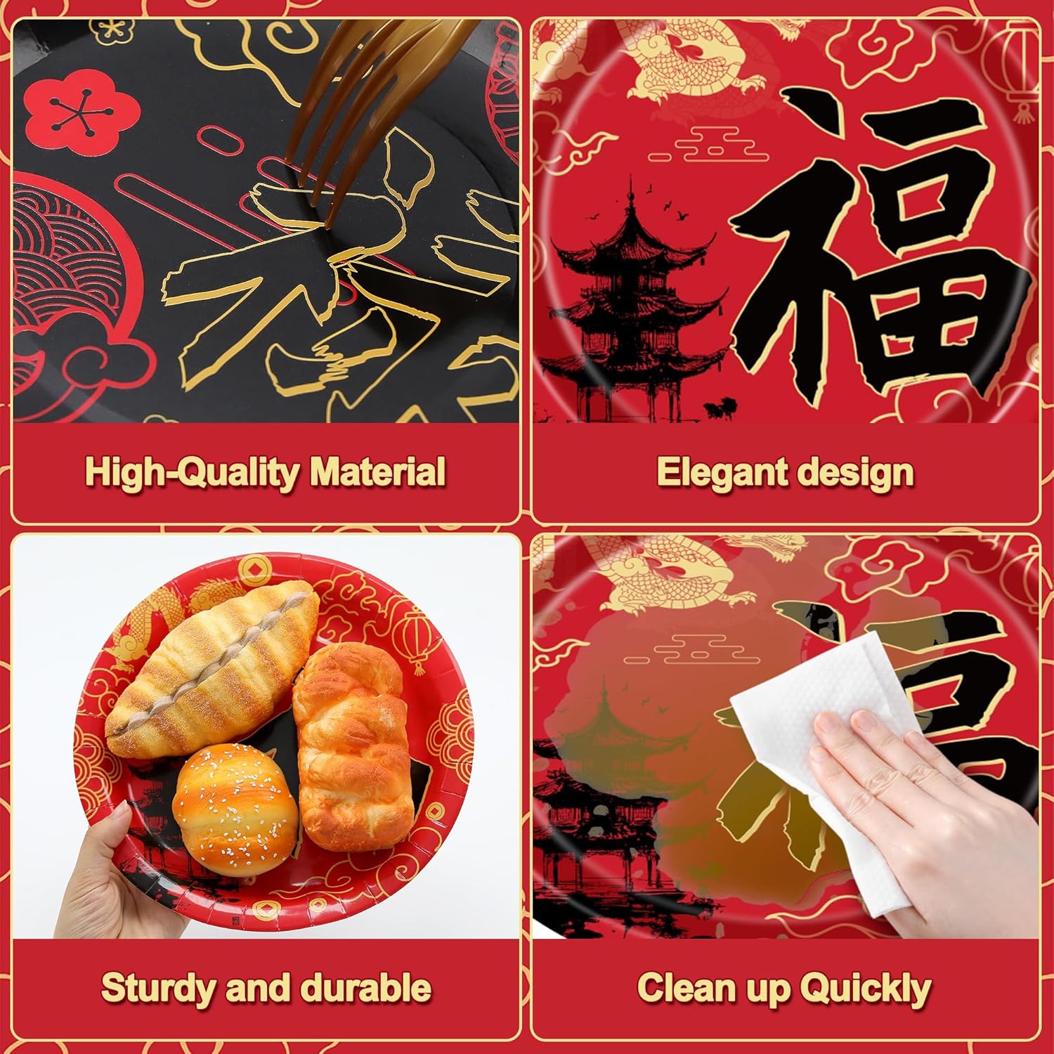 Hibachi Disposable Dinnerware Set Japanese Paper Plates Chinese Napkins Red Black Tableware Kit Spring Festival Party Supplies Decorations for Birthday Wedding Events - Image 3