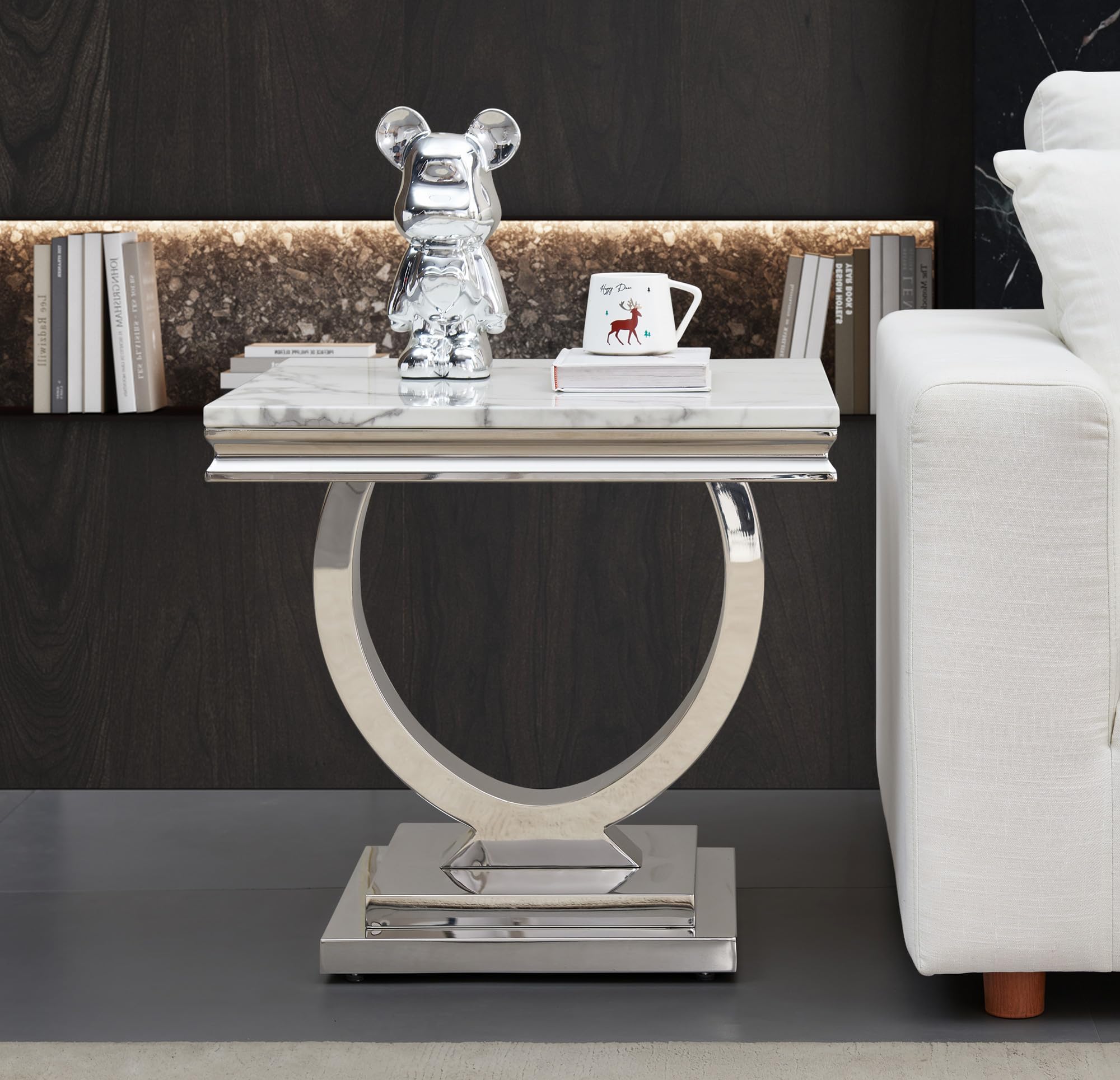 20" Square End Table with White Marble Top, Modern Faux Marble Side Table with Silver Stainless Steel Base Luxury Small Nightstand Pedestal Stand for
