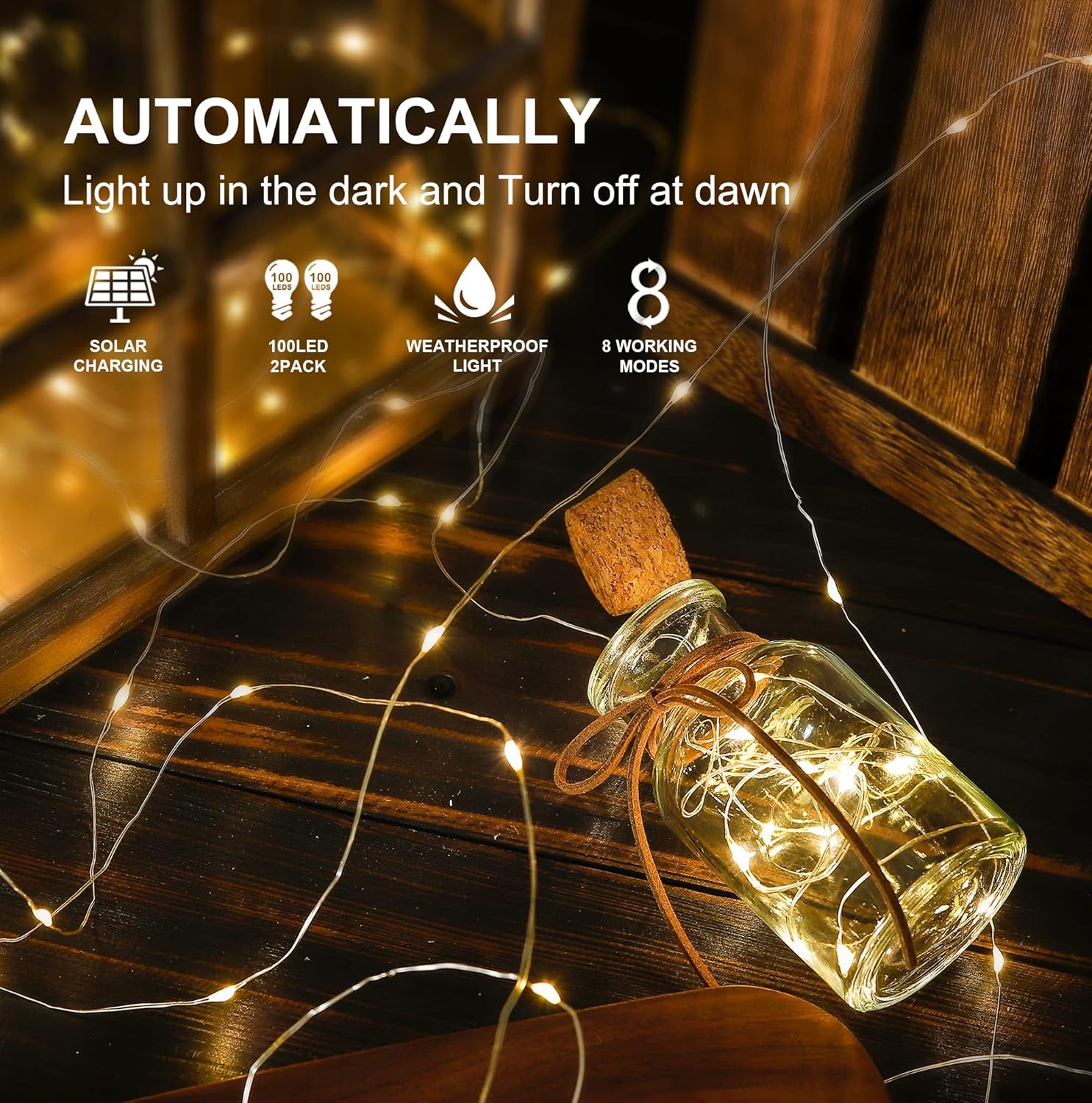 2 Pack 33ft 100 LED Solar Copper String Lights,8 Modes Christmas Fairy Lights Waterproof IP65 Twinkle Lighting Indoor Outdoor Fairy Firefly Light Auto ON/Off (Warm White)
