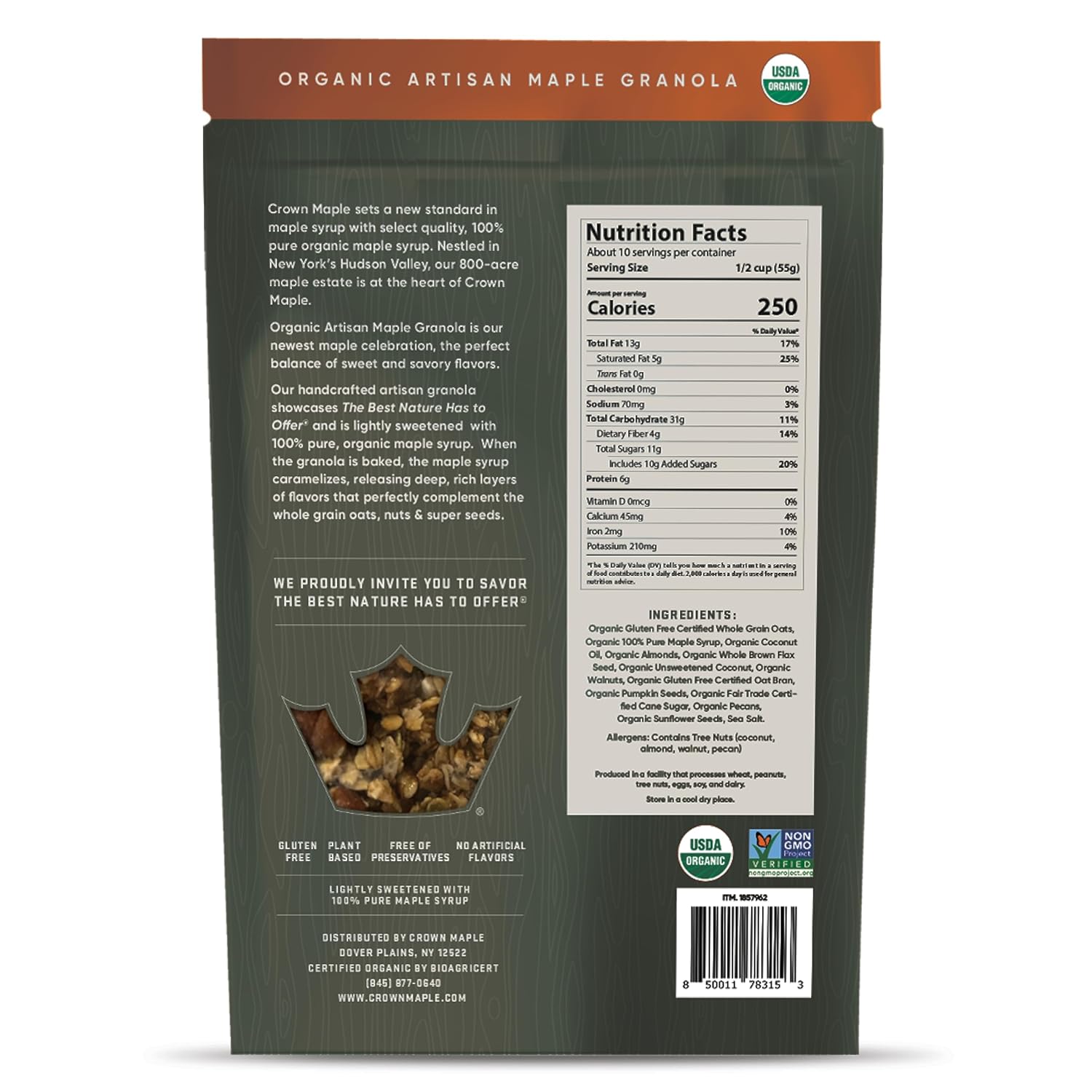 Crown Maple Organic Artisan Maple Granola – Oats, Nuts & Super Seeds, Lightly Sweetened with 100% Pure, Organic Maple Syrup, 20 Oz (8 Pack)