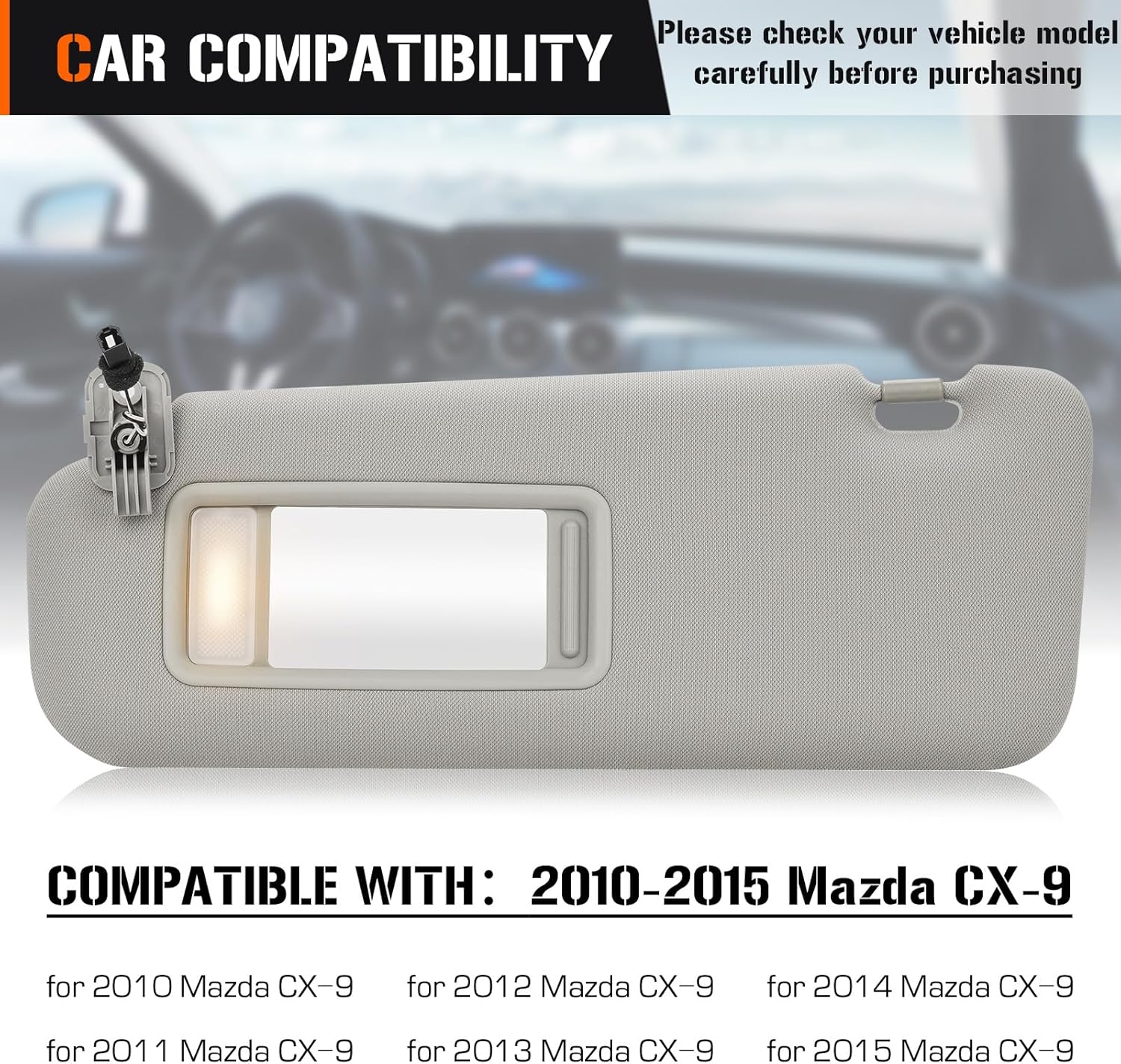 Sun Visor with Vanity Light for 2010-2015 Mazda CX-9, Left Driver Side Gray Sunvisor Replacement TDY1-69-320
