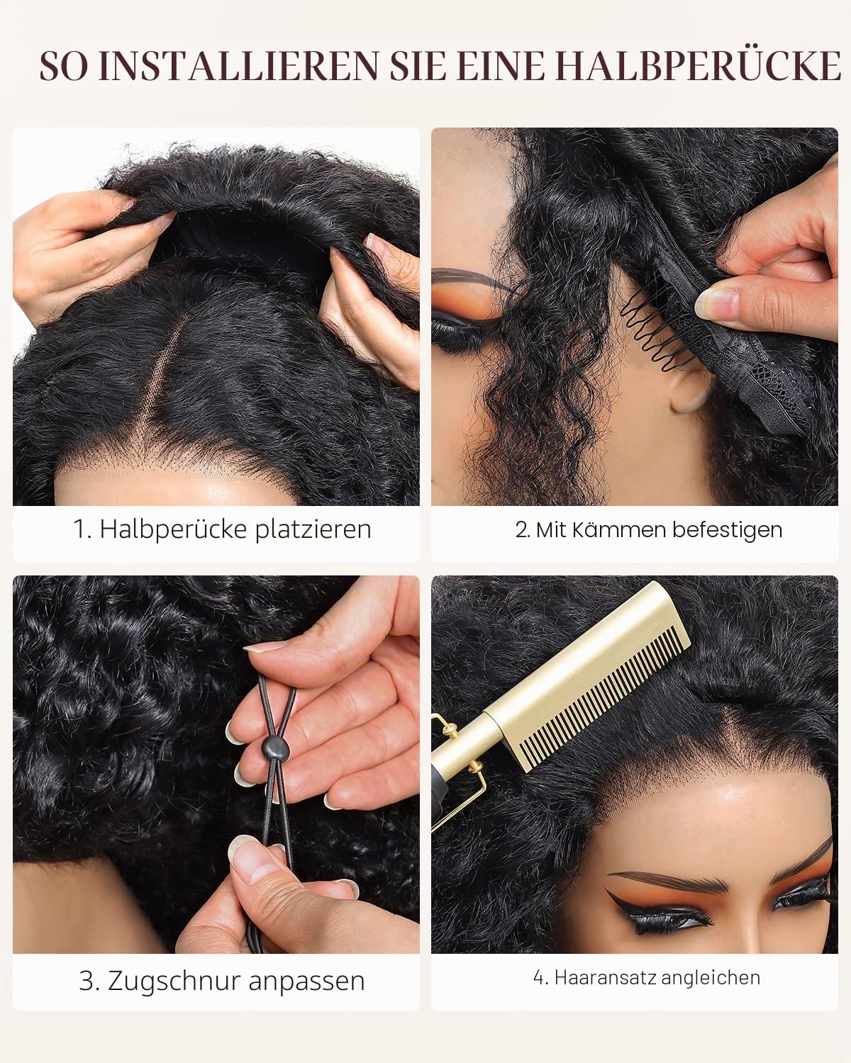 Tunfine Curly Half Wig Echthaar perücke 200 Dichte Water Wave 3 in 1 Seamless Flip Over Wigs Perücke Damen Glueless Human Hair with Drawstring Headband Wig for Women 14 Zoll 35cm