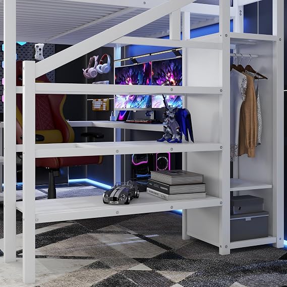 Metal Queen Loft Bed with Wardrobe and LED Light, Queen Size Loft Bed with L Shaped Desk and USB forTeens Adults, White