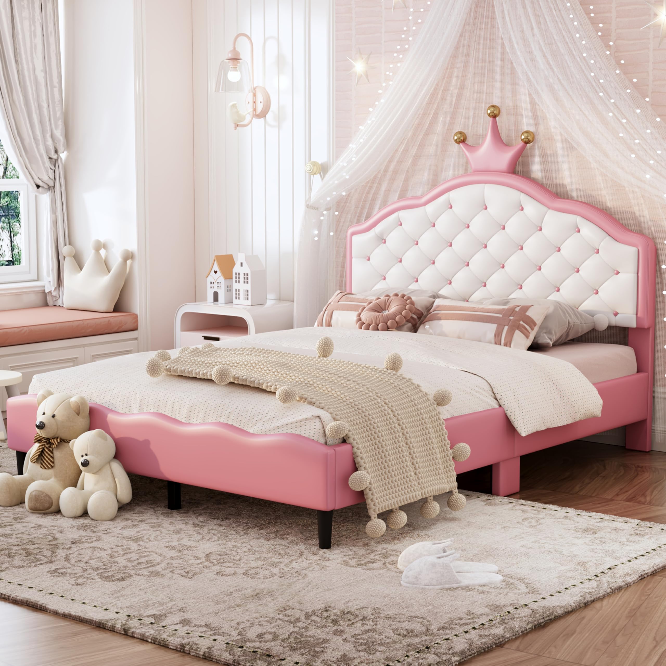 LUMISOL Full Size Upholstered Bed Frame, Princess Bed Frame with CrownTufted Headboard for Kids Bedroom, No Box Spring Needed, Pink