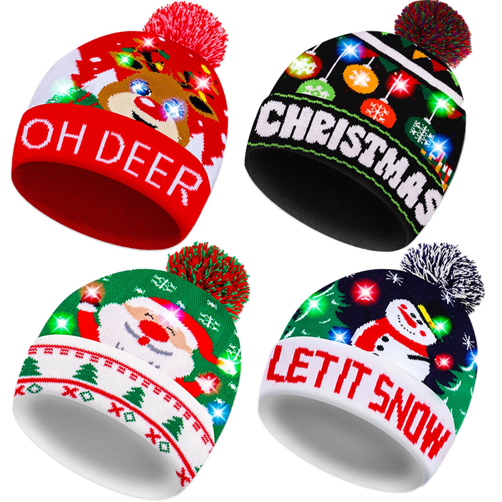Garma4 Pack LED Christmas Hat Light Up Beanie Hats Ugly Sweater Knit Hats for Christmas Party, Unisex Winter Hat Colorful Flashing Cap Holiday Xmas Party Supplies
