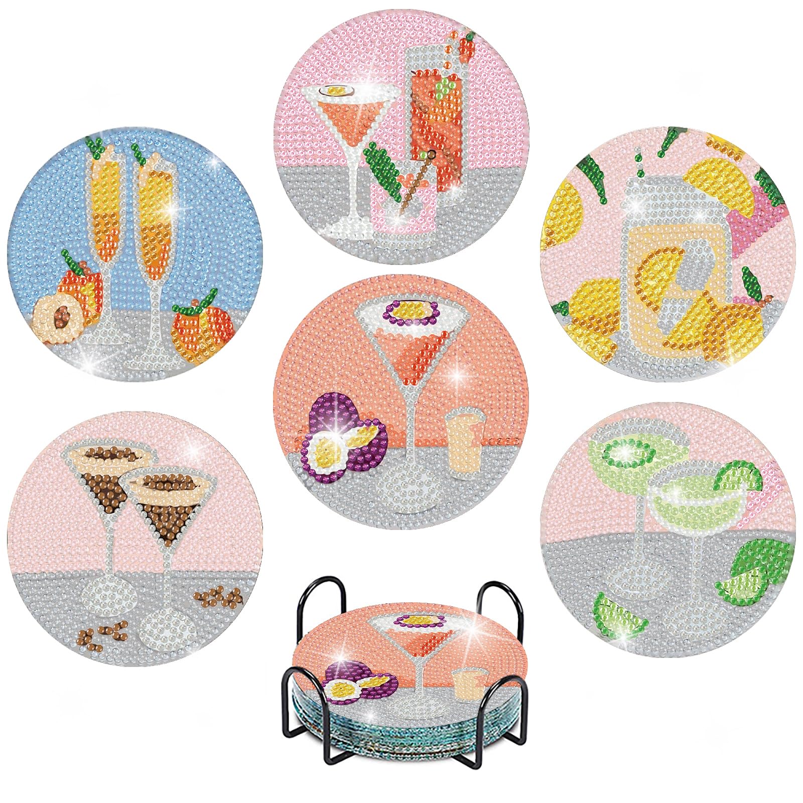 BEAYIOU 6 Pcs 5D Diamond Painting Coasters Kits with Holder, Traditional Round Drink Coasters, Acrylic Material, Sparkly Diamonds, DIY Art Craft Gifts for Home Decor