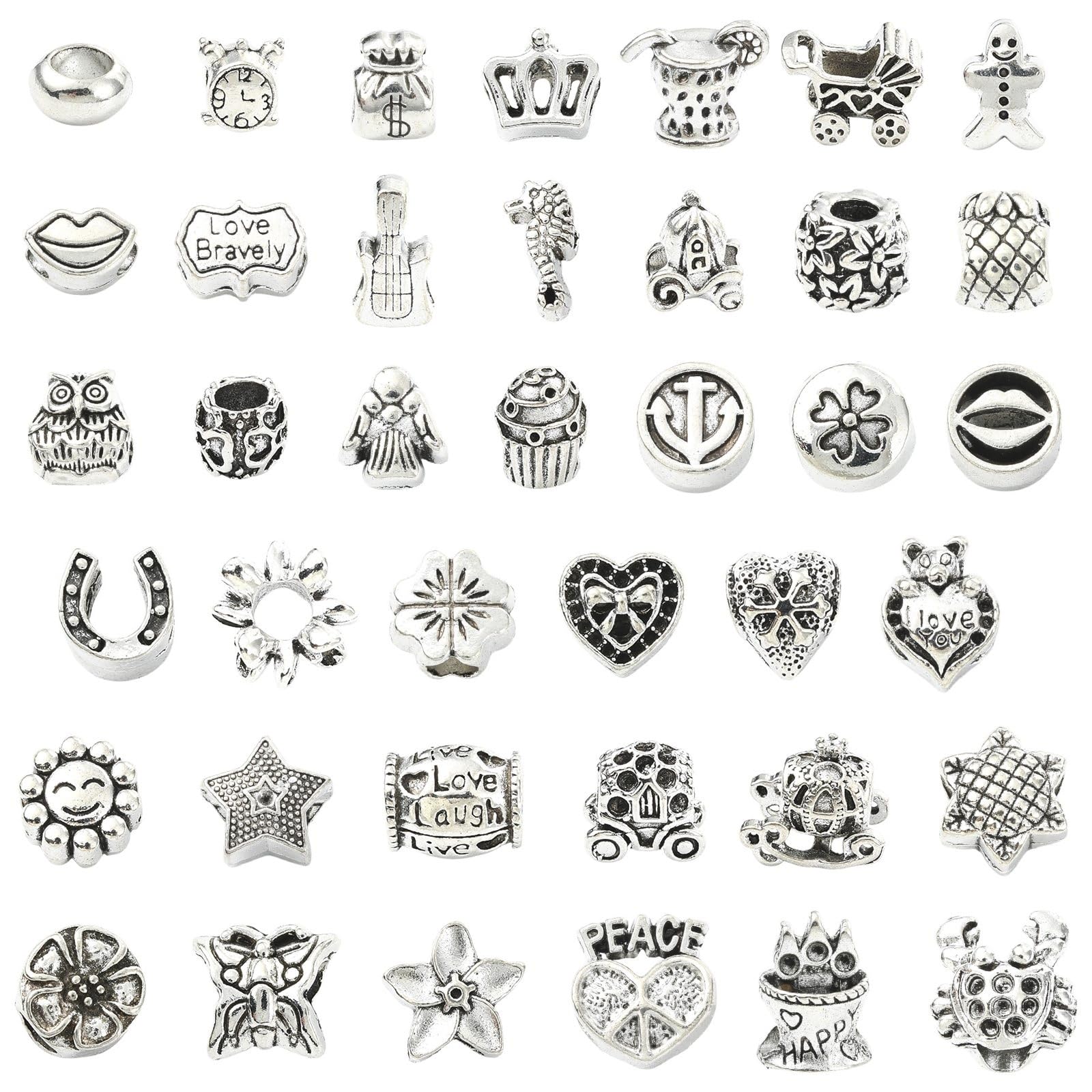 Stiesy 40 Pcs Assorted Tibetan Style Beads Antique Silver Alloy Large Hole Beads with 5.5mm Holes for DIY Charm Bracelet Jewelry Crafting