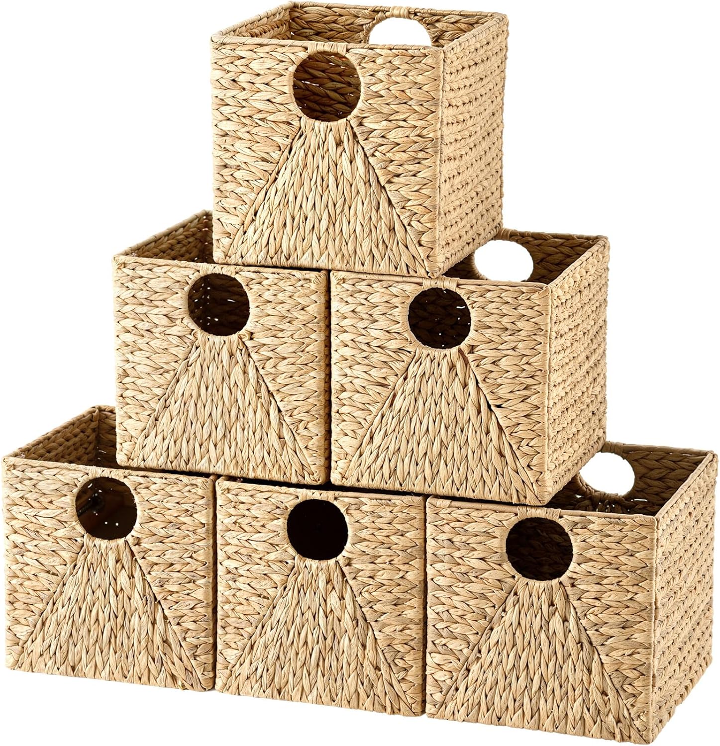 jinei 6 pcs wicker storage basket bulk 12 x 12 x 12 inch handwoven water hyacinth cube bin with handles woven laundry for organizer shelves wood color 12 x 12 x 12 inch wood colo