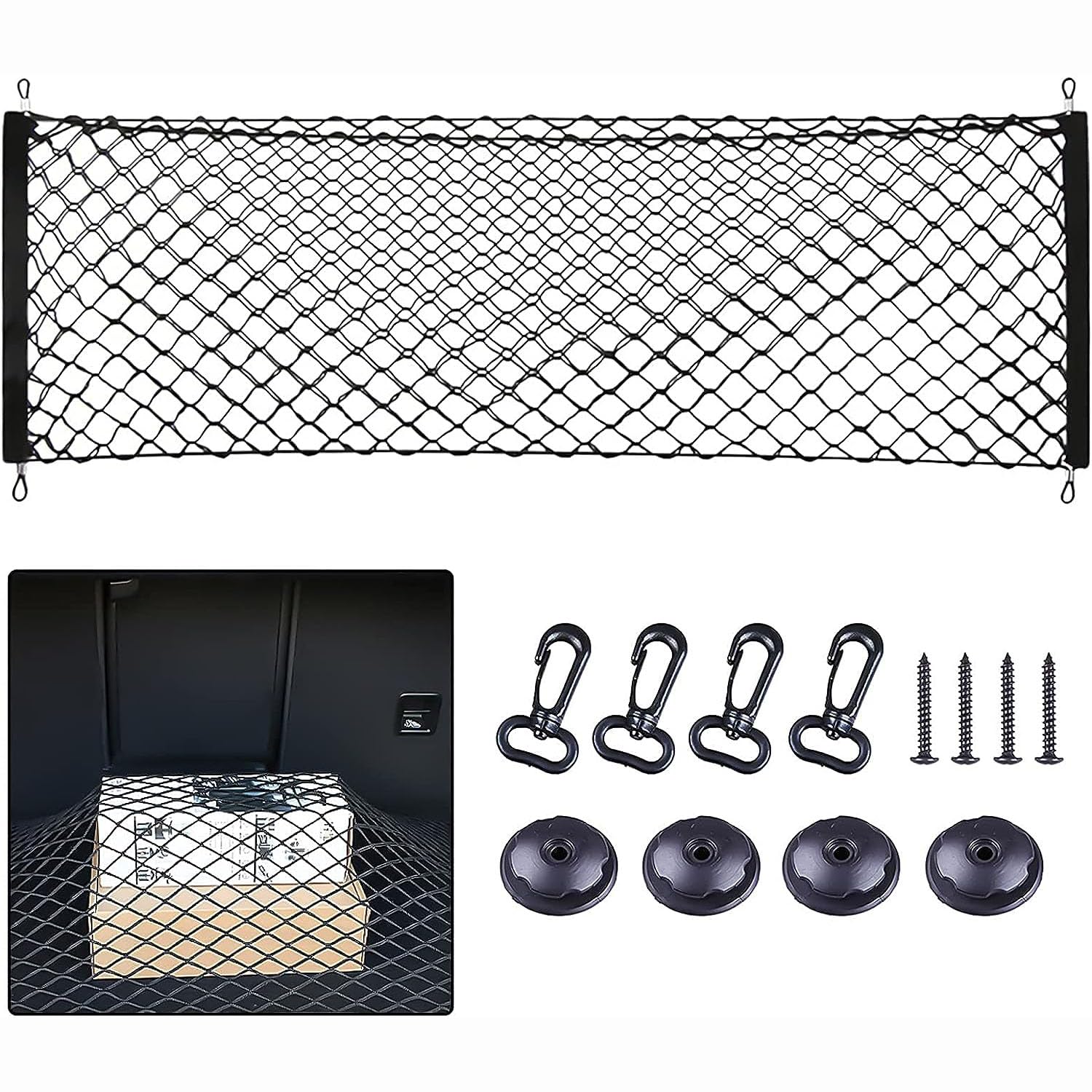 Xspring Cargo Net Pocket, Rear Cargo Net Stretchable, Universal Adjustable Net Pocket, Trunk Cargo Storage Organizer, Storage Nylon Mesh Double-layer with Hook Compatible for SUV Jeep Truck, 40x90 cm