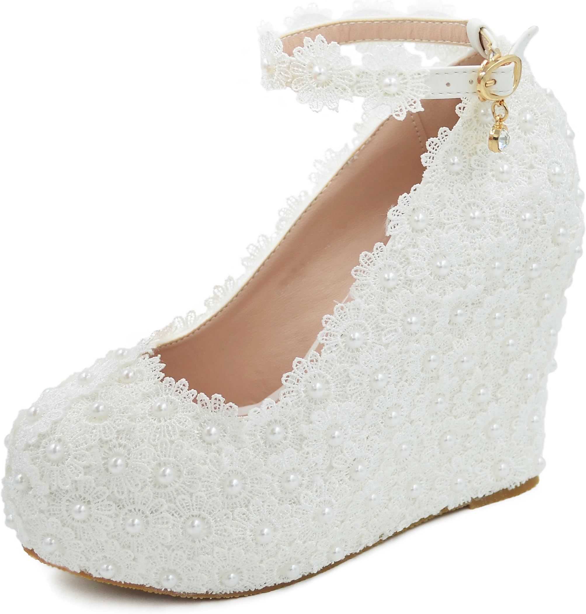 Melesh Lace Flower Pearls Wedge Platform High Heels Pump Bride Wedding Shoes (8 B(M) US, White-Wedges)