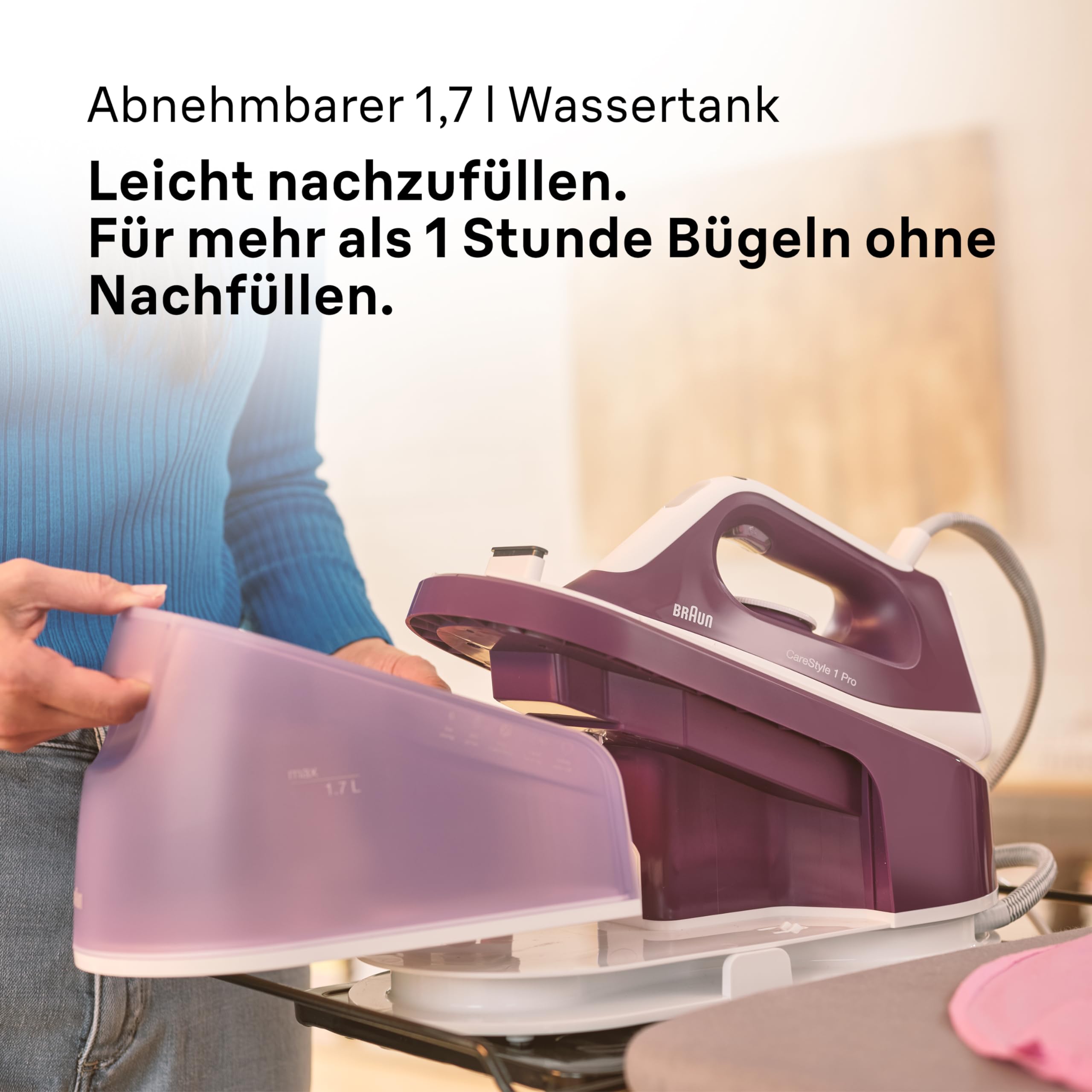Braun CareStyle 1 Pro IS1514 VI Dampfbügelstation - Dampfbügeleisen mit FreeGlide 3D Technologie, Vertikaldampf, Anti-Tropf-Funktion, 1,7L Wassertank, 6 bar, 120 g/min, 2200W, Violett