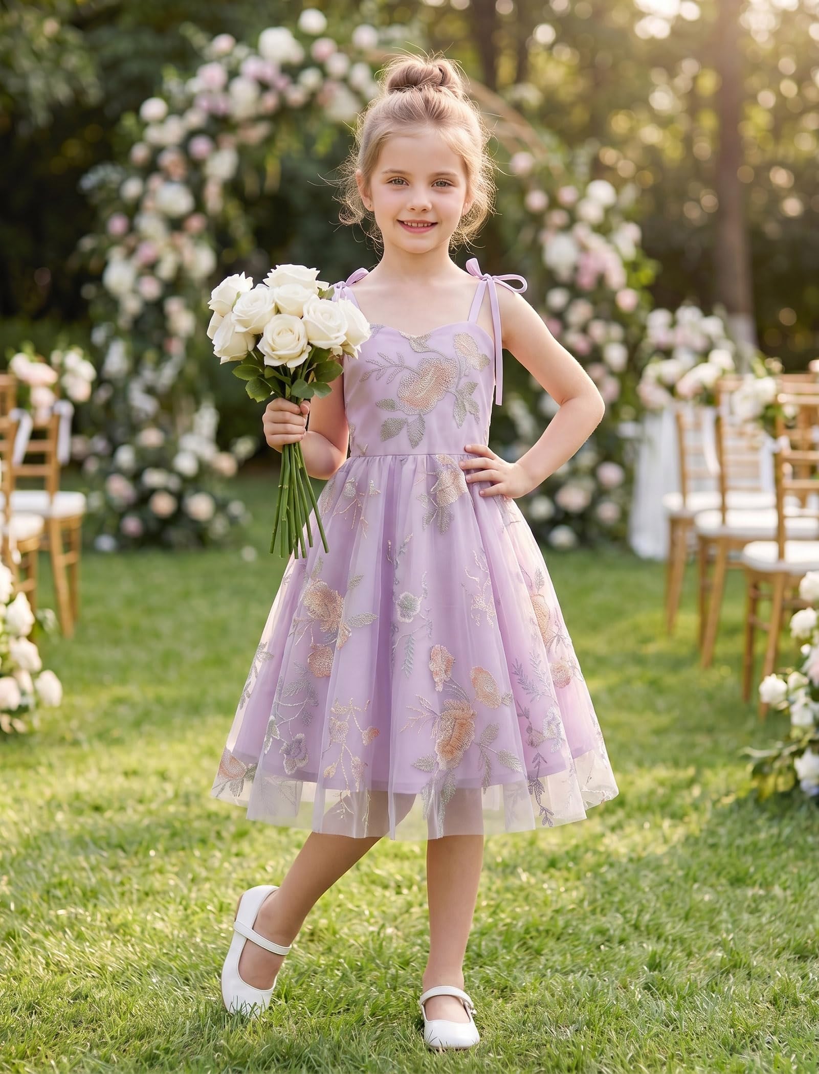 Abito da bambina in stile vintage con motivo floreale in tulle, spalline sottili, taglio svasato, elegante abito da festa