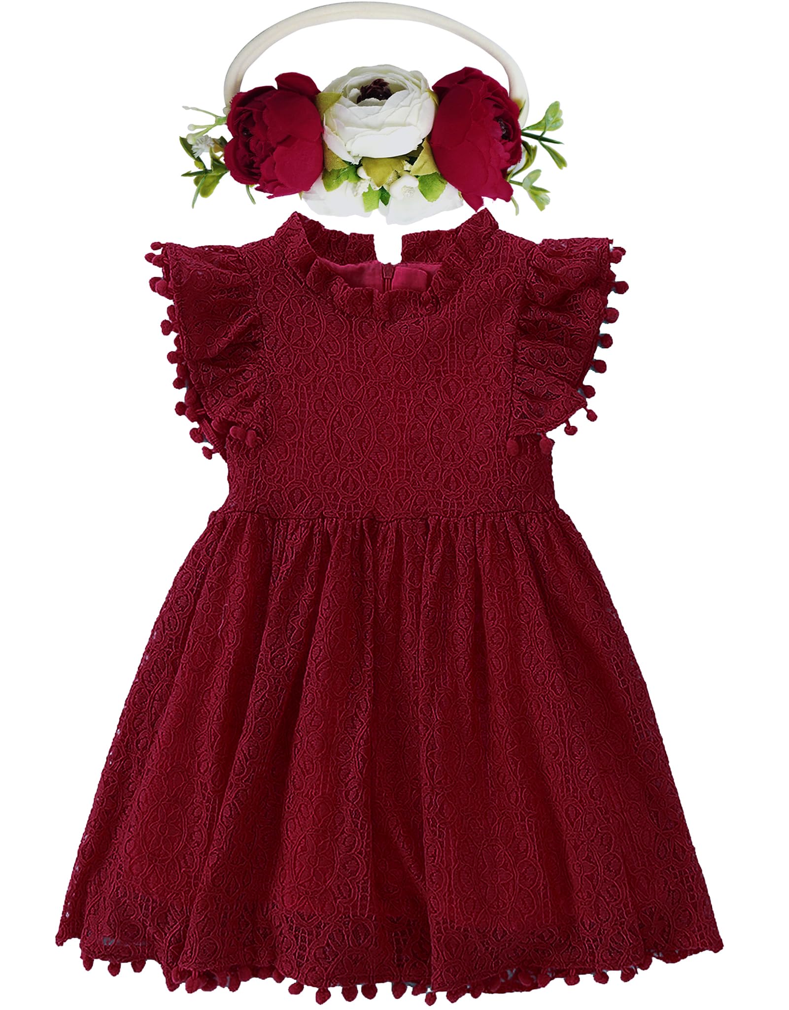 BGFKS Baby Girl Tutu Dress Elegant Lace Pom Pom Flutter Sleeve with Flower Headband Set