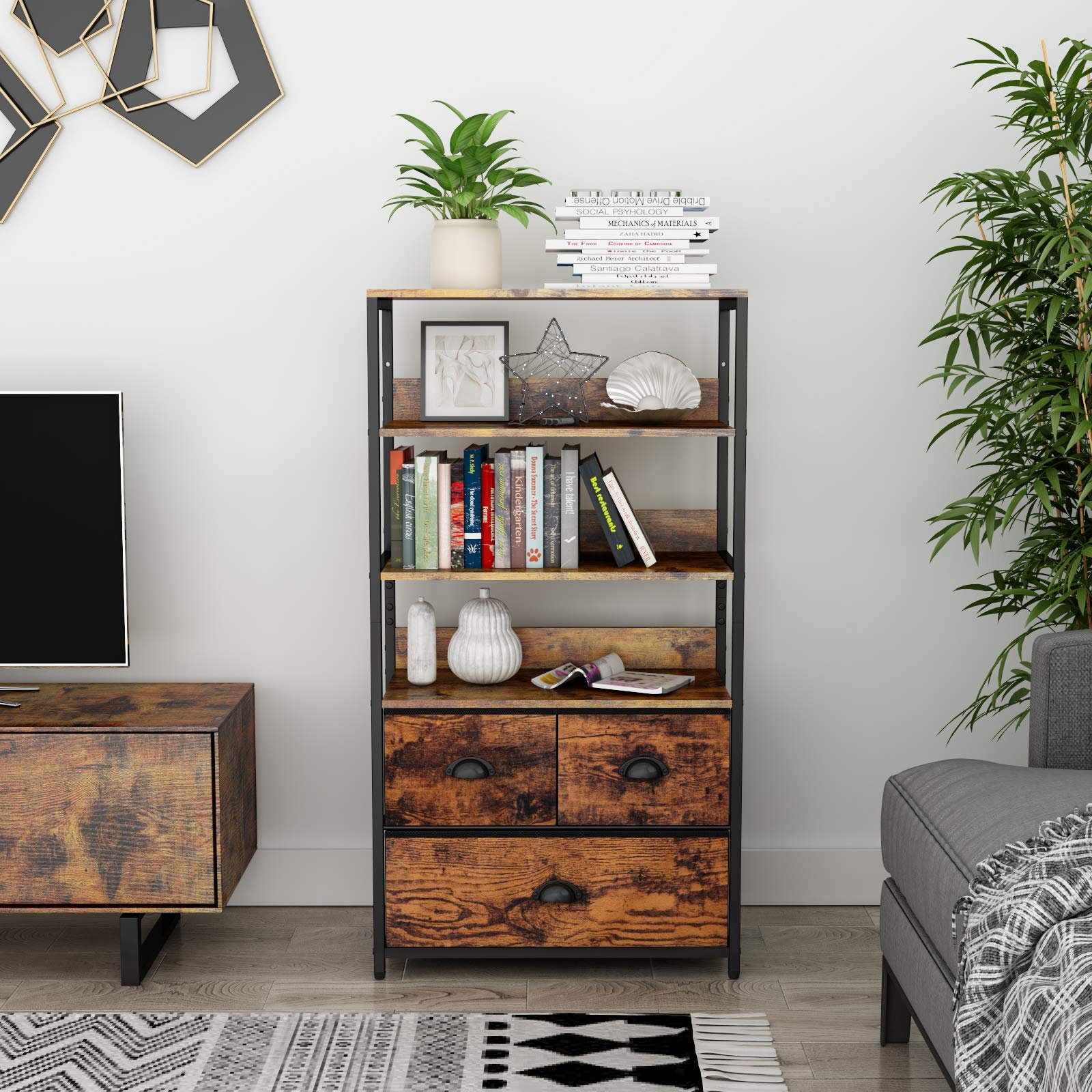 Furologee 4-Tier Storage Shelf Unit with 3 Drawers ,Bookshelf Rack & Organizer Dresser ,Storage Cabinet for Books, Photos, Decorations in Living Room, Office, Bedroom,Kitchen,Wood Top